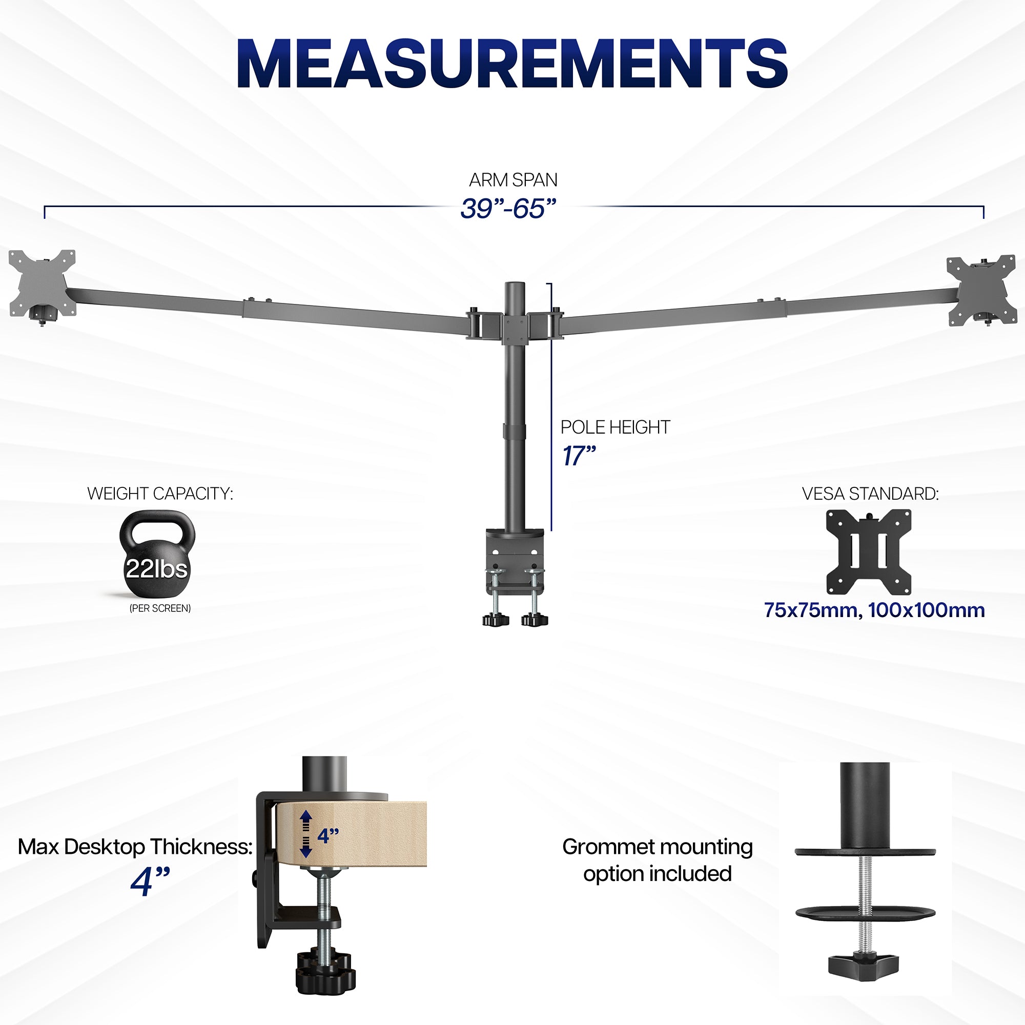 Measurement chart for a Telescoping Dual Ultrawide Monitor Desk Mount with various specifications on a white background.