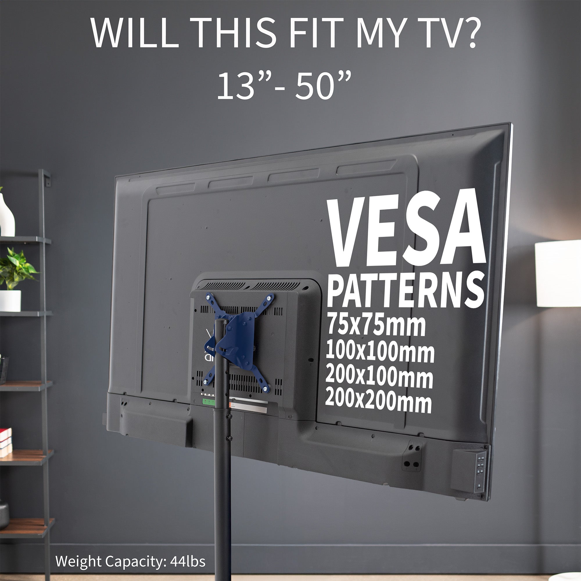 Sturdy height adjustable TV stand with tilt and leveling feet.