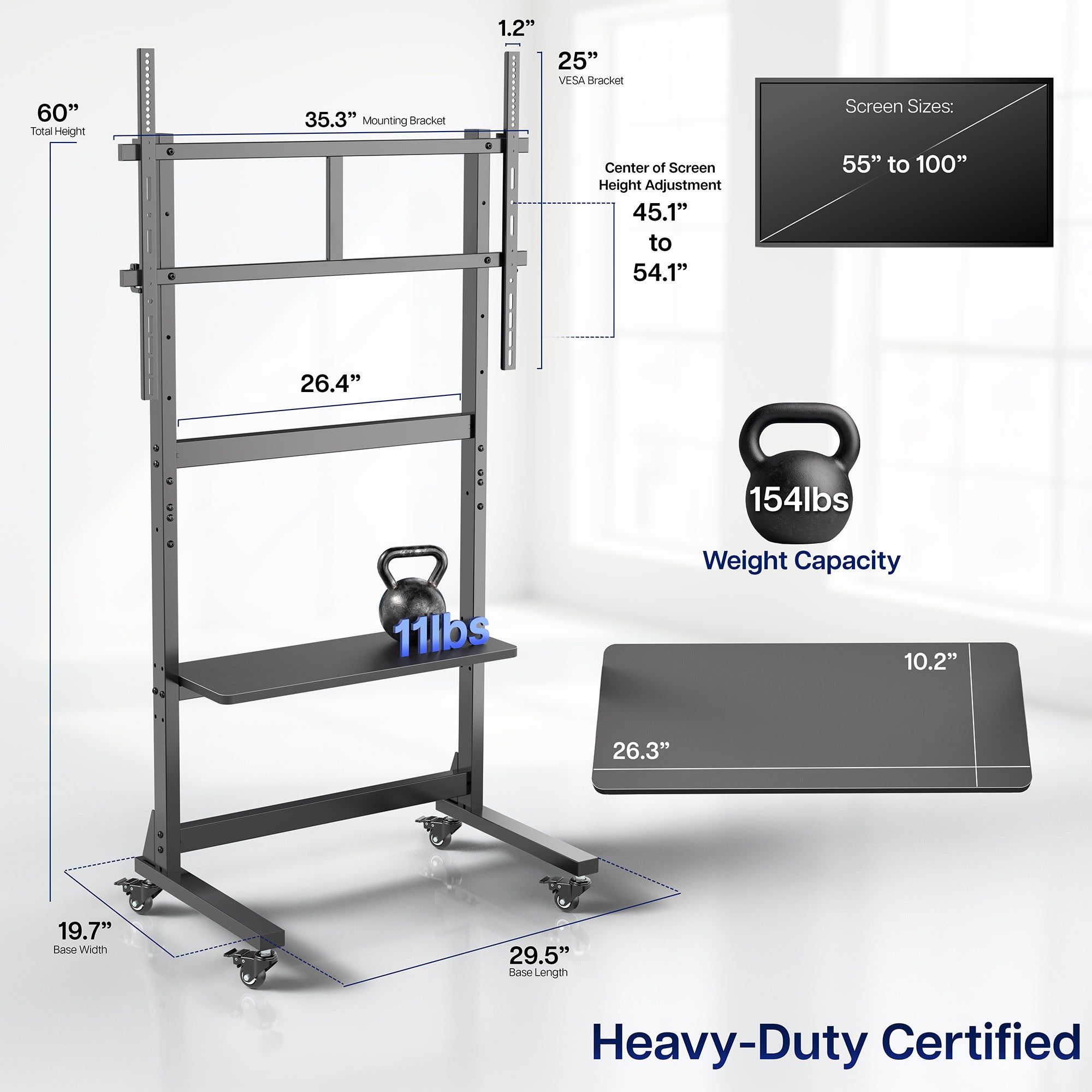 55"-100" TV Heavy Duty Mobile TV Cart with Storage Shelf Measurements and Weight Capacity