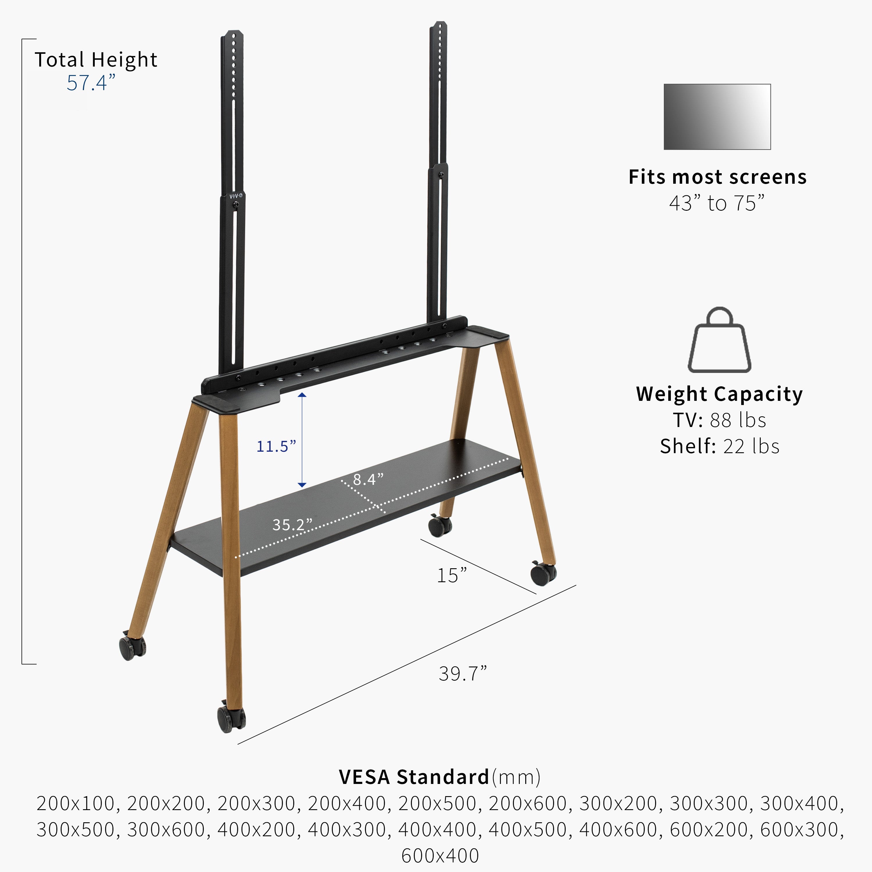 A freestanding easel TV stand with a black metal frame, wooden legs, and caster wheels, shown on a light gray background with dimension labels, weight capacity info, and a small swatch of the shelf finish.