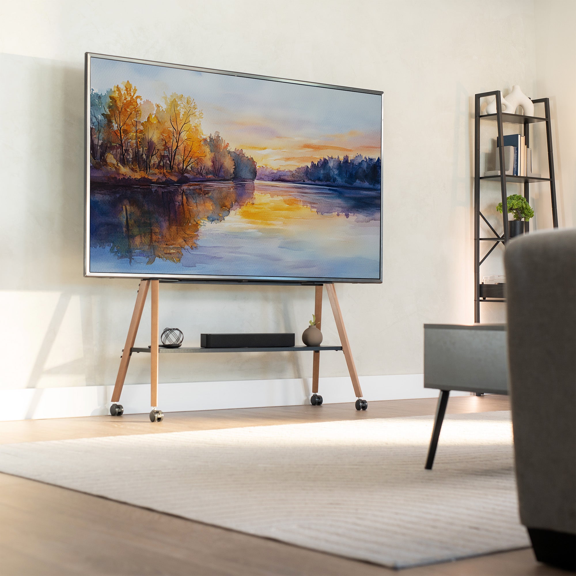 Modern living room with a large TV displaying a nature scene, placed on a wooden stand.
