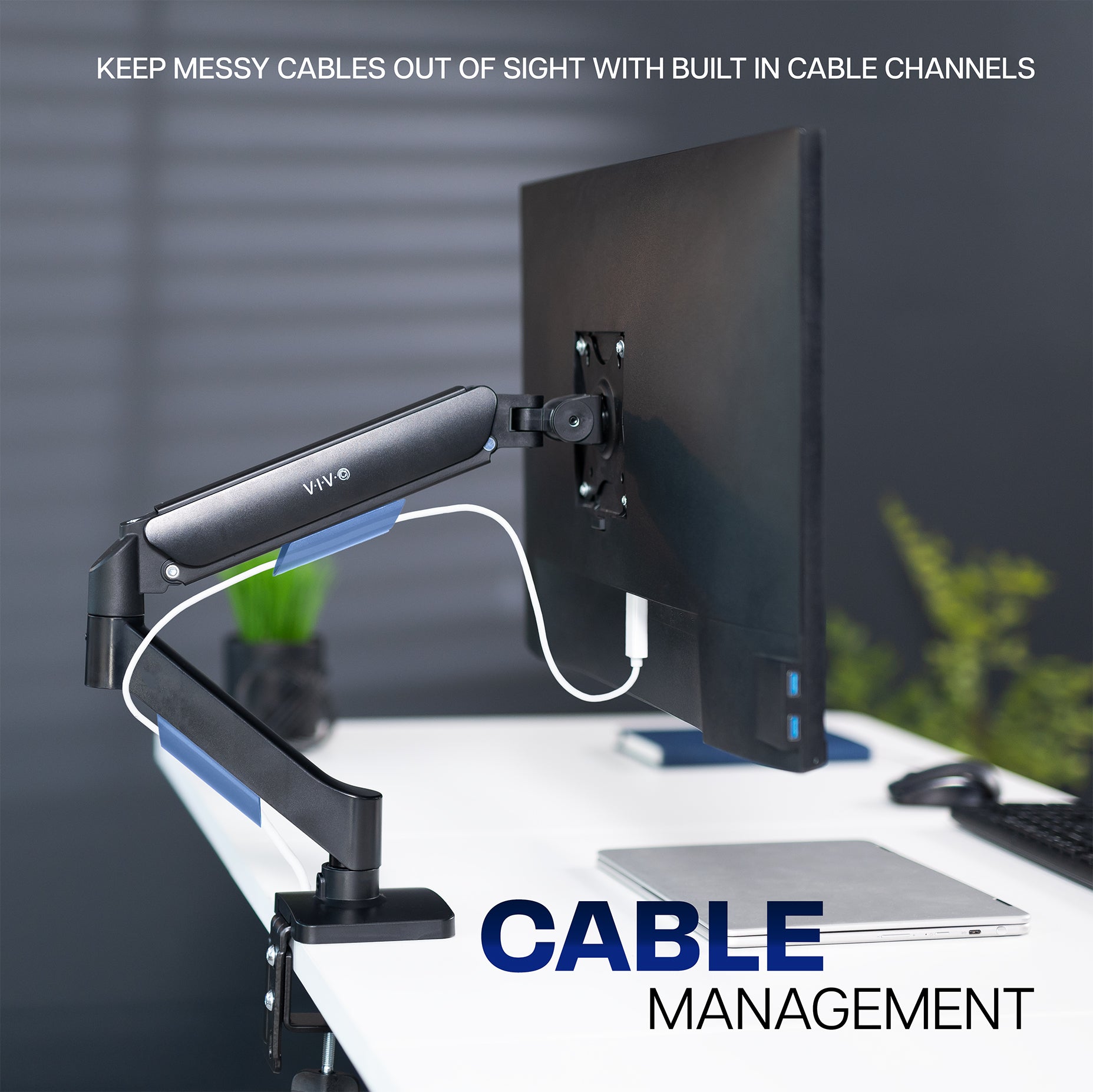 Mechanical Arm Single Monitor Desk Mount with cable management feature on a desk, text 'Keep Messy Cables Out of Sight with Built-in Cable Channels'.