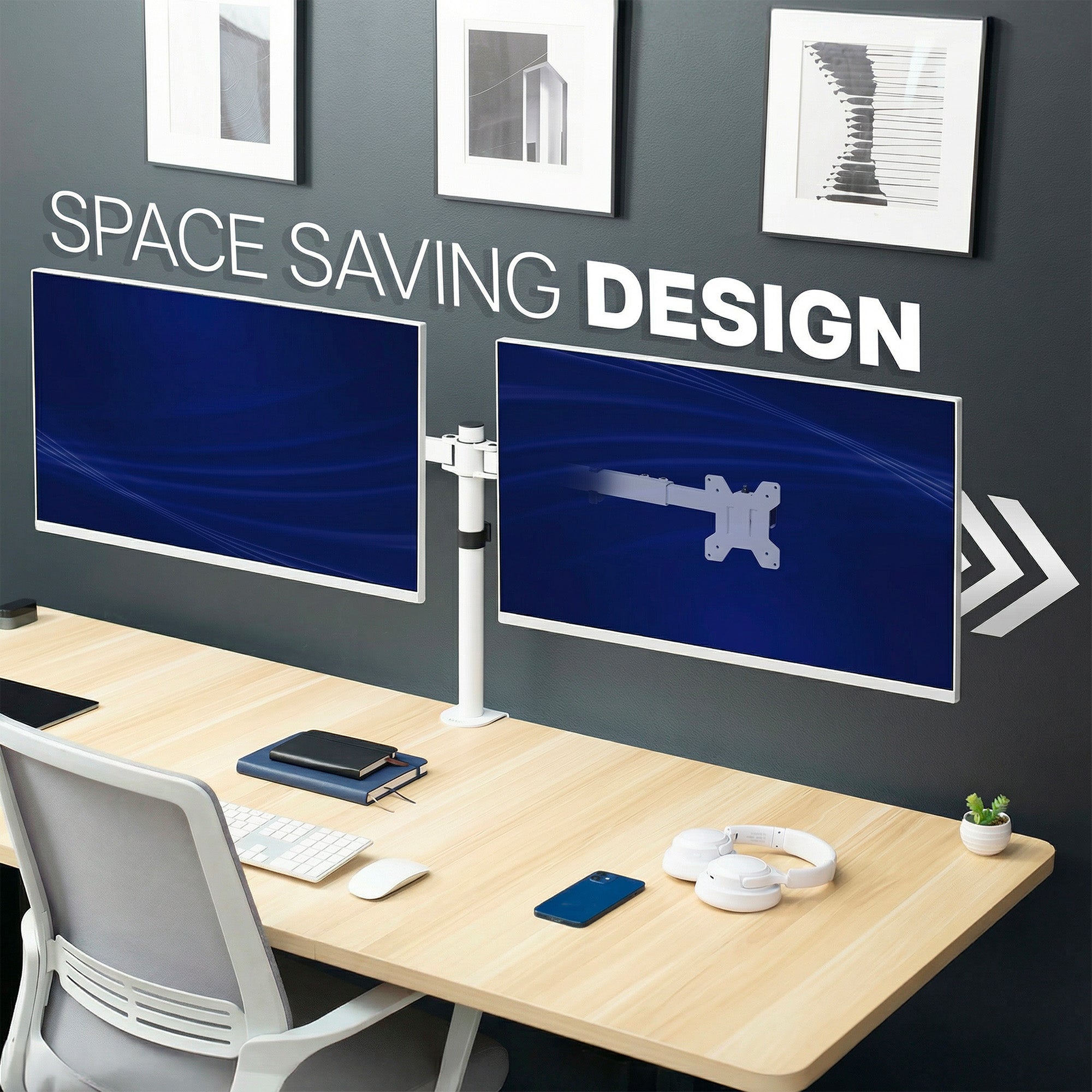Two monitors on a desk mount with 'Space Saving Design' text on a gray wall.