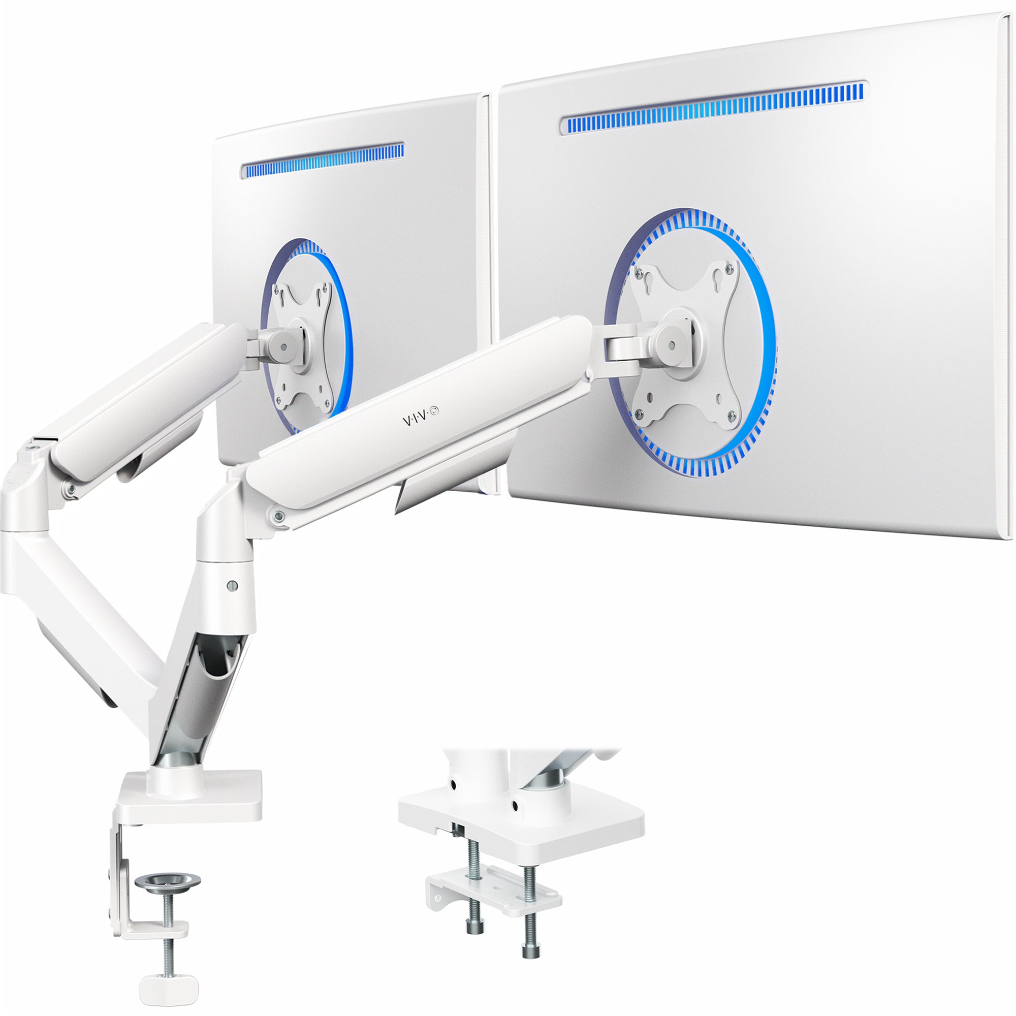 White monitor arm with dual monitor mounts on a white background