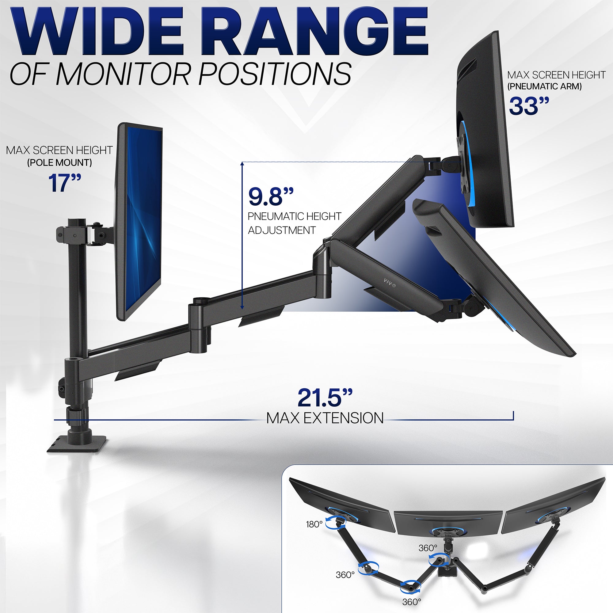 Monitor arm with adjustable height, extension, and rotation features on a white background.