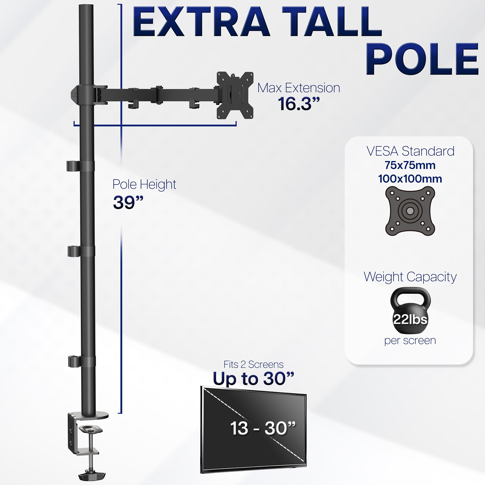 Extra tall monitor stand with specifications on a white background