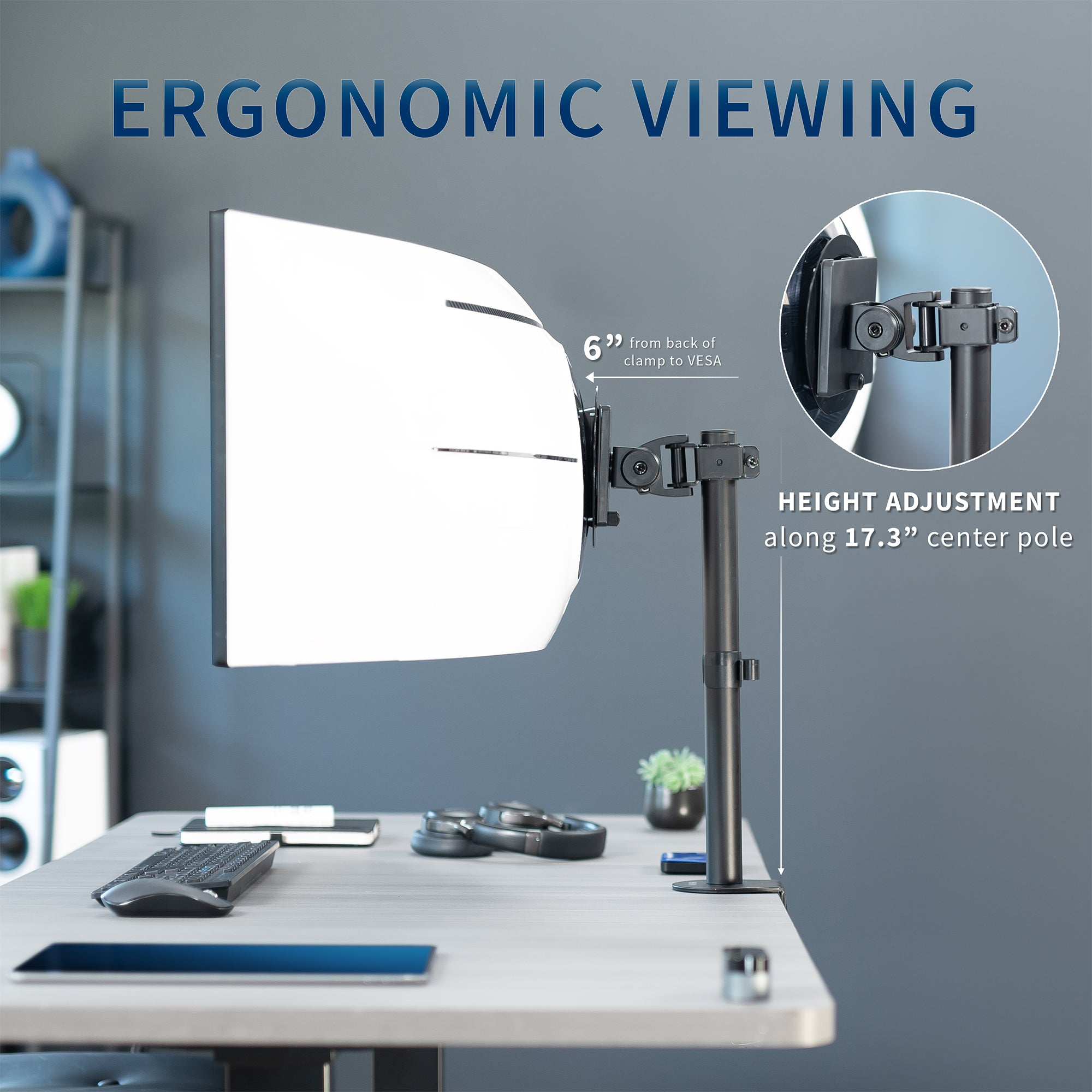 An ergonomic desk monitor stand holding a large white monitor at a height-adjustable angle, shown in a home office setting with text reading 'ERGONOMIC VIEWING' and a circular inset highlighting height adjustment.