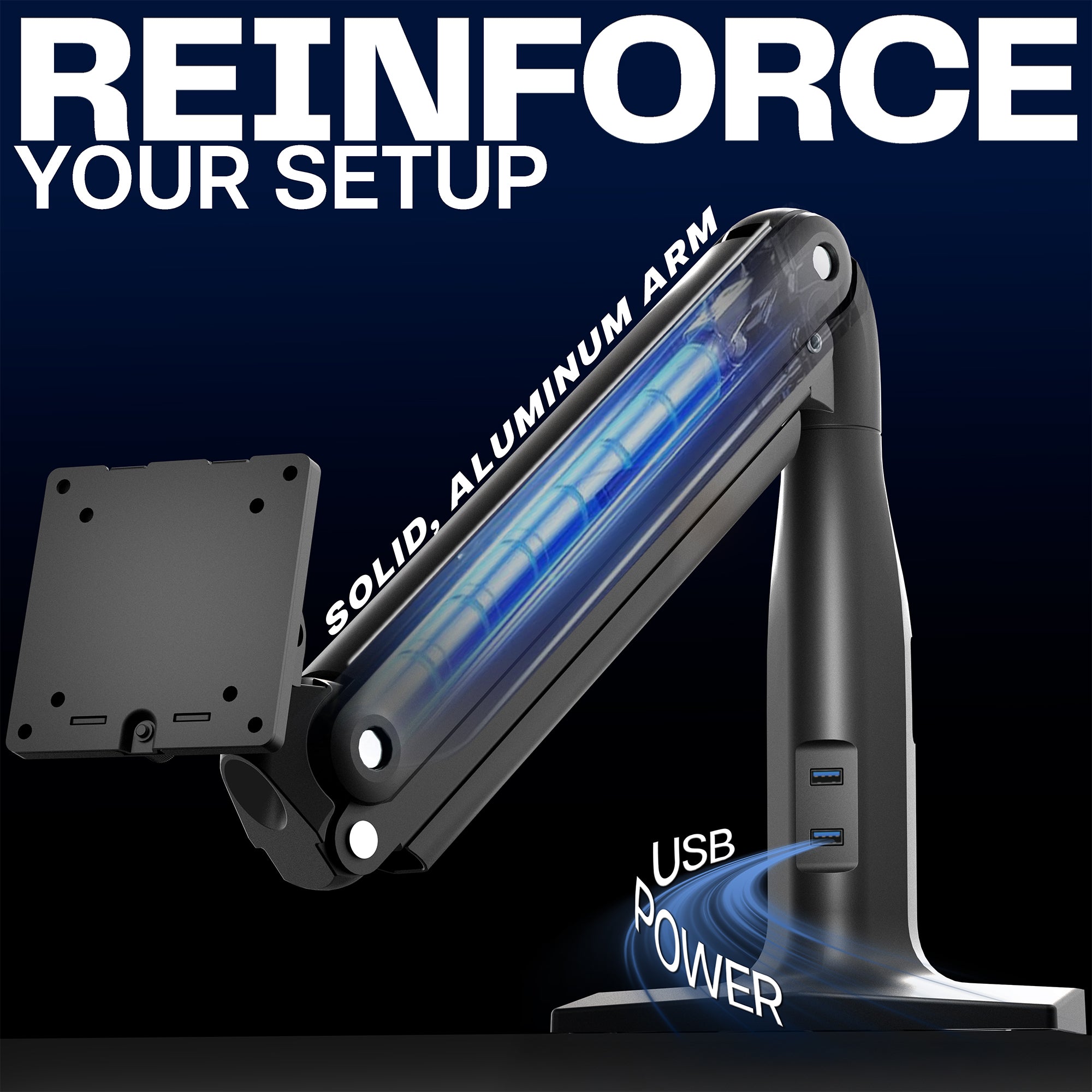 Black adjustable desk mount with USB power feature on a dark background, featuring text 'REINFORCE YOUR SETUP'.