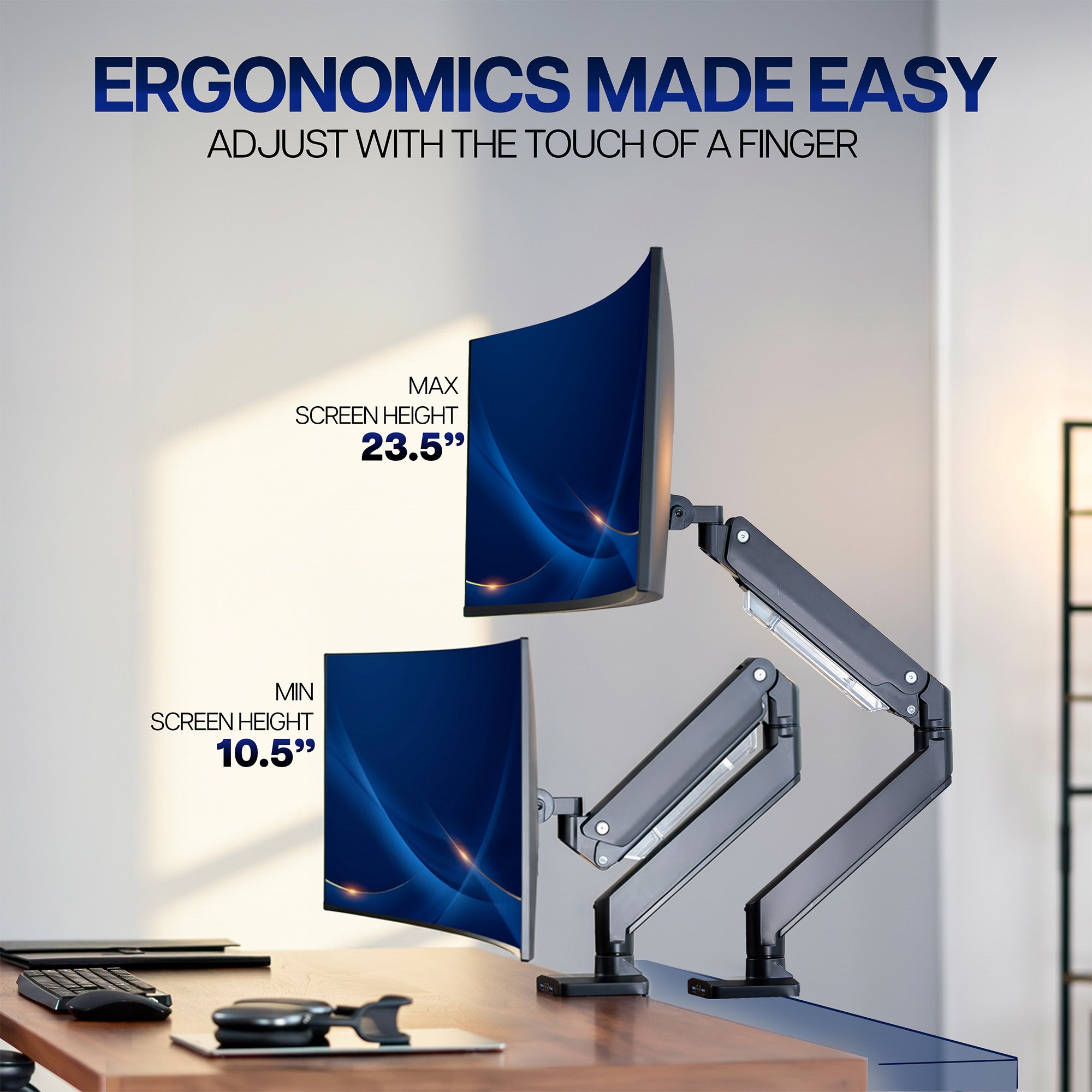 Ergonomic monitor stand with adjustable screens on a desk, featuring text 'Ergonomics Made Easy'.