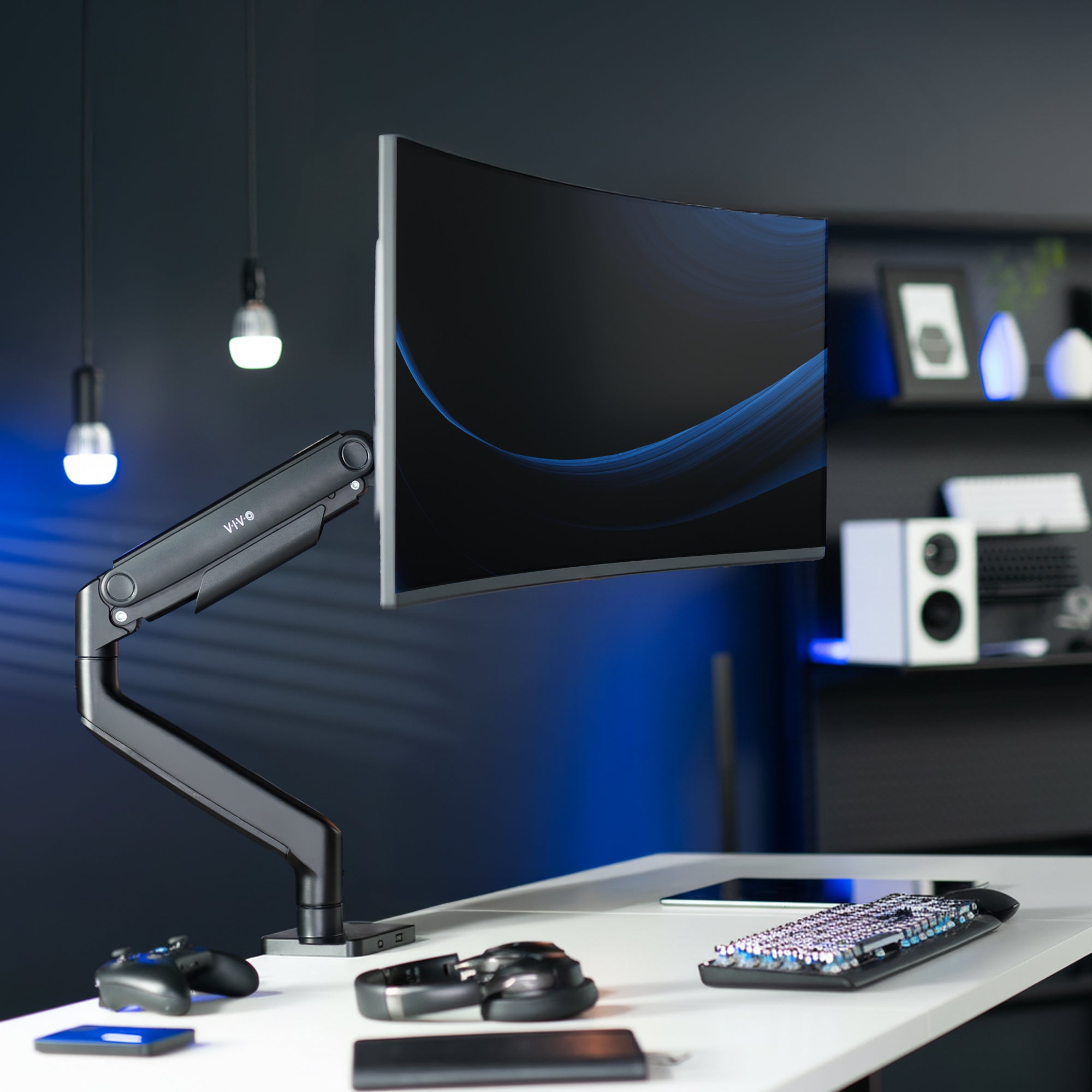 Pneumatic Arm Single Ultrawide Monitor Desk Mount in office setting