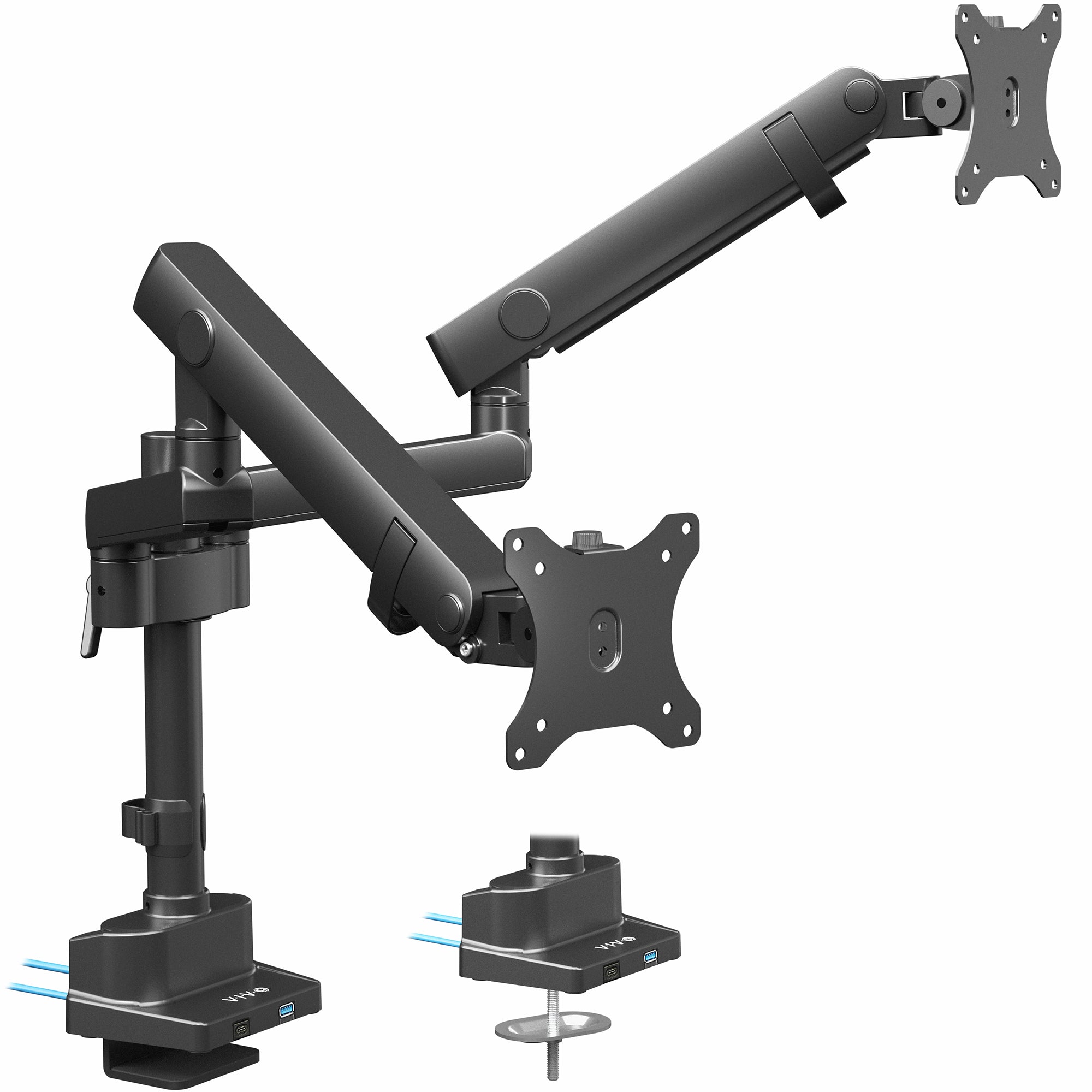 Dual Monitor Arms: Provides excellent support for two monitor screens with a built-in elbow spring gauge for seamless adjustment