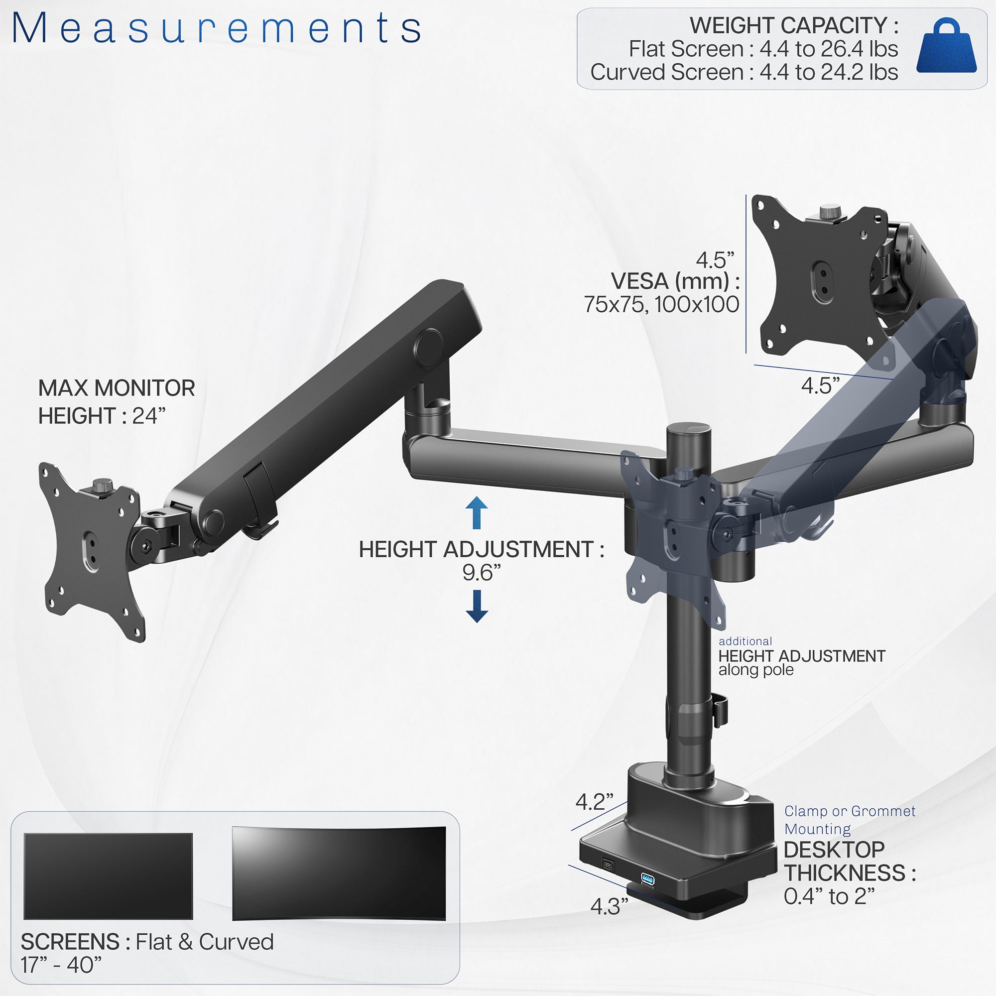 Dual Monitor Arms: Provides excellent support for two monitor screens with a built-in elbow spring gauge for seamless adjustment
