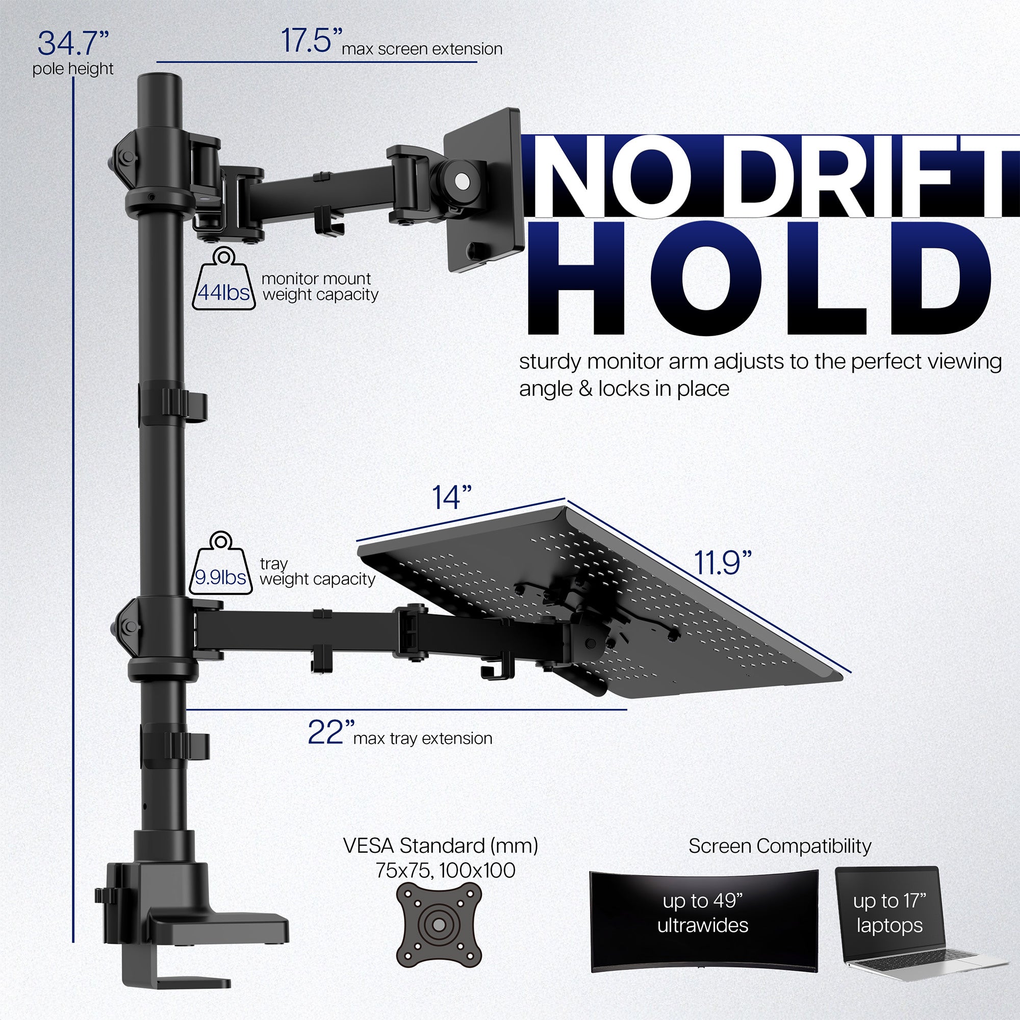 Ultrawide Monitor and Laptop Extra Tall Vertical Desk Mount - Up to 49" Screens, 17" Laptops