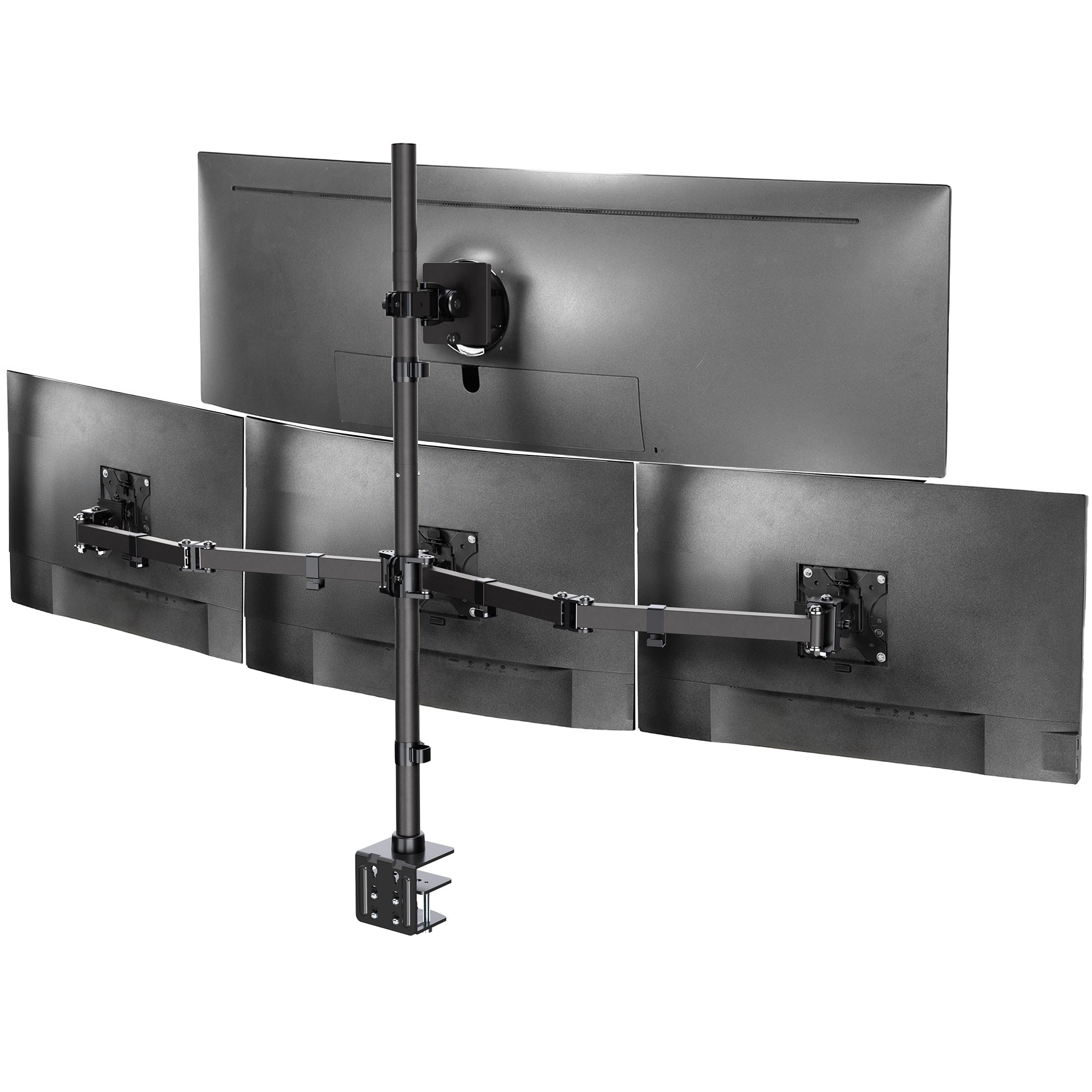 Quad monitor stand with four screens on a white background