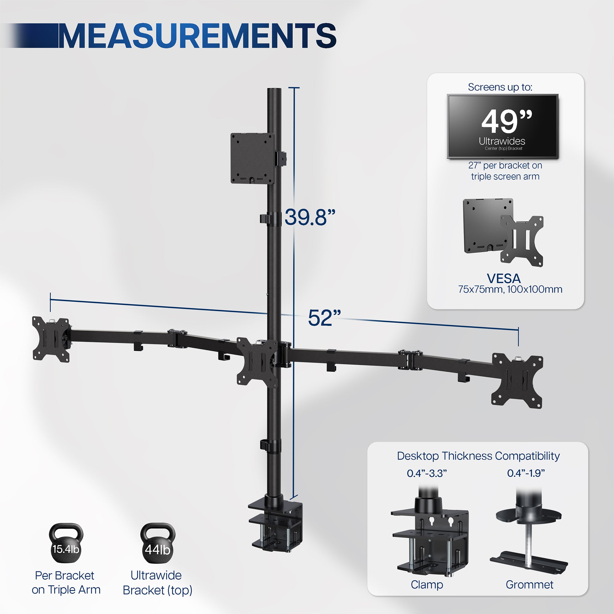 Monitor arm with measurements and compatibility details on a white background