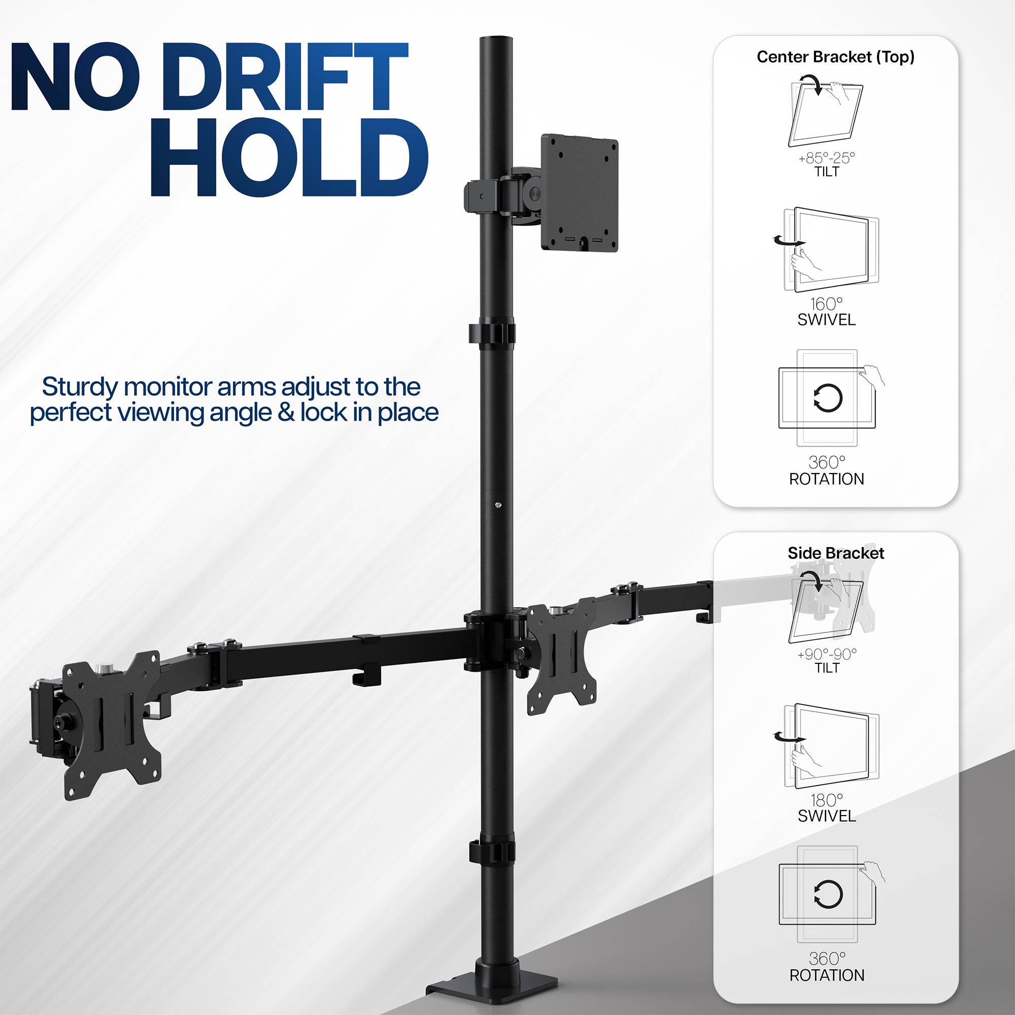 Monitor arms with adjustable features on a white background