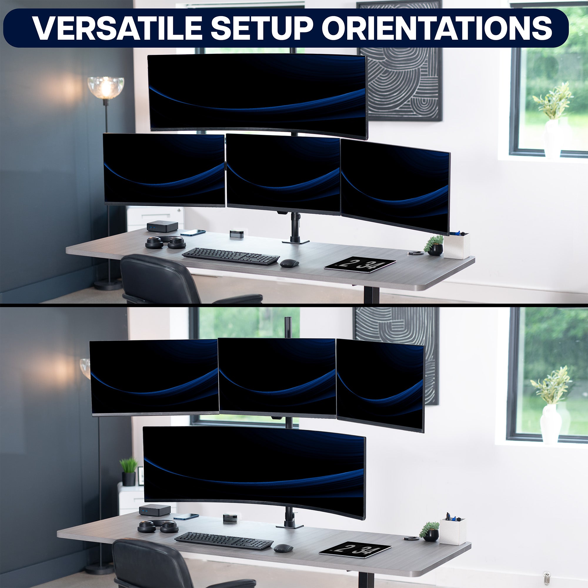 Quad monitor desk mount for a variety of setups