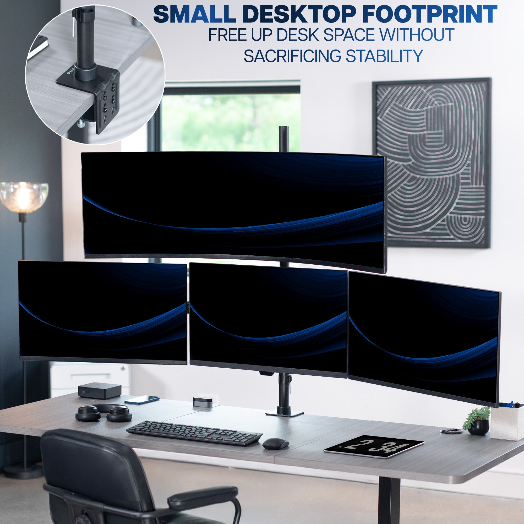 Four monitors on a desk with a small footprint monitor stand, free up desk space without sacrificing stability.