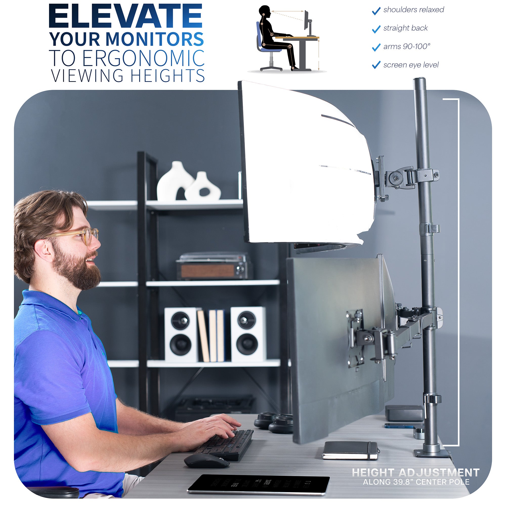 Ergonomic quad monitor stand with a man using a computer.
