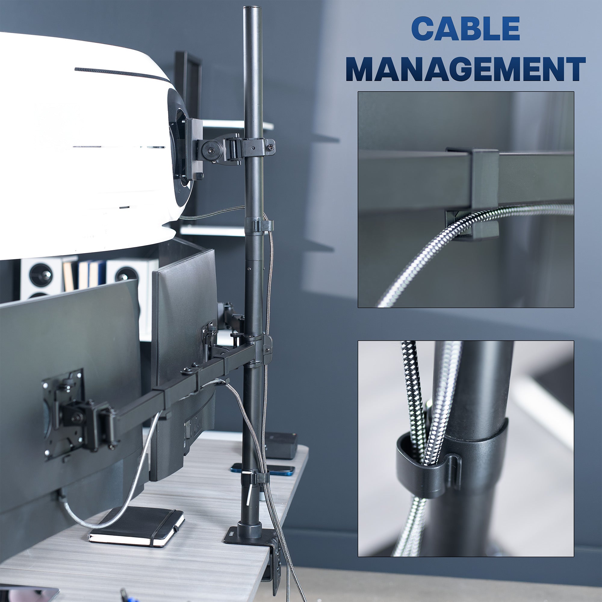 Desk setup with cable management system and close-up of cable routing.