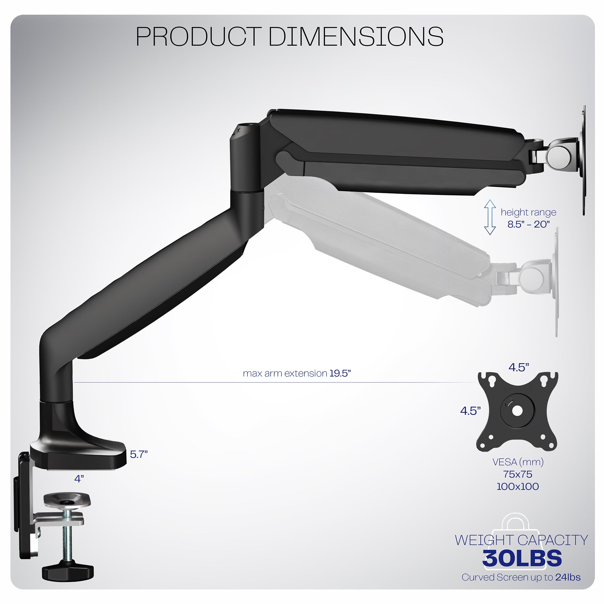 Single ultrawide monitor desk mount arm with a black finish with text displaying product dimensions.
