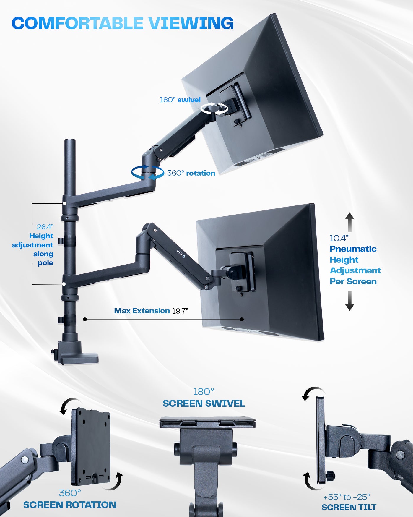 Dual monitor ultrawide desk mount with extending arms. Featuring height adjustment, tilt, swivel, rotation, and integrated cable management.
