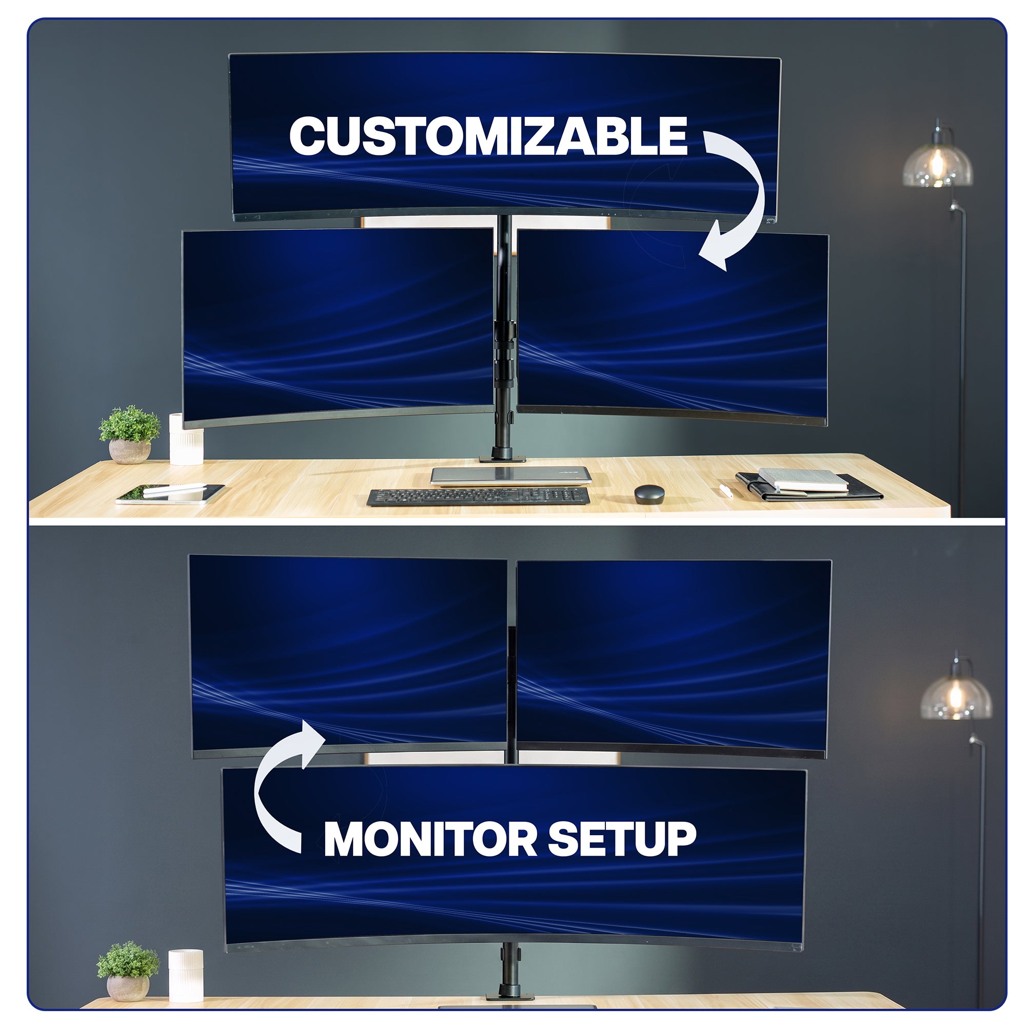 Triple Monitor Desk Mount (2 Mechanical Arms + 1 Fixed) - 32” / 49" Screens