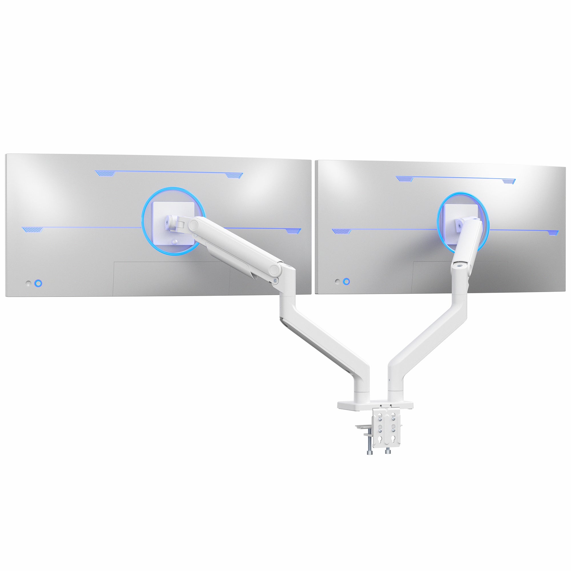 White Pneumatic Arm Dual Ultrawide Monitor Desk Mount - Up to 45" Screens