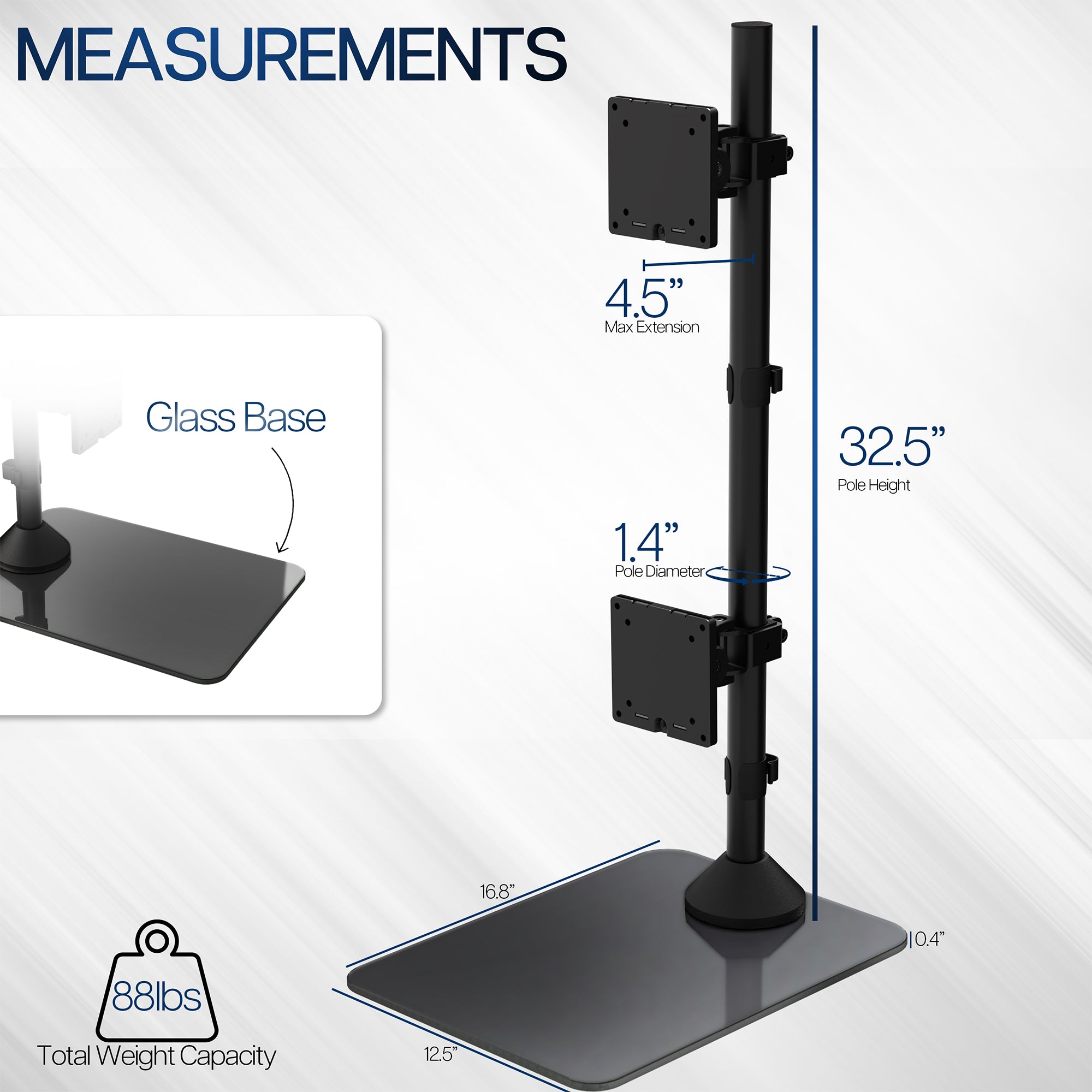 Monitor stand with measurements on a white background