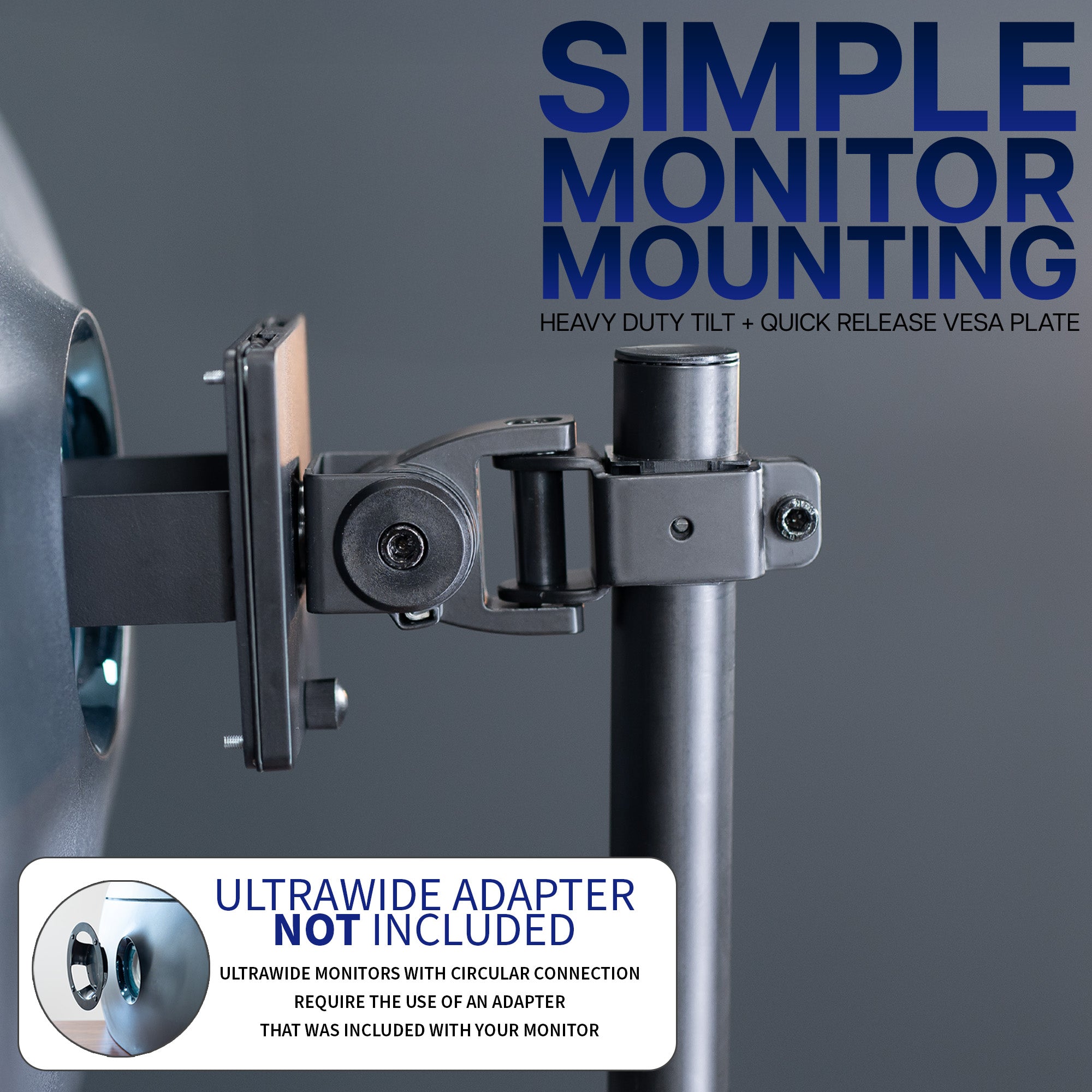 Monitor mounting bracket with text on a gray background