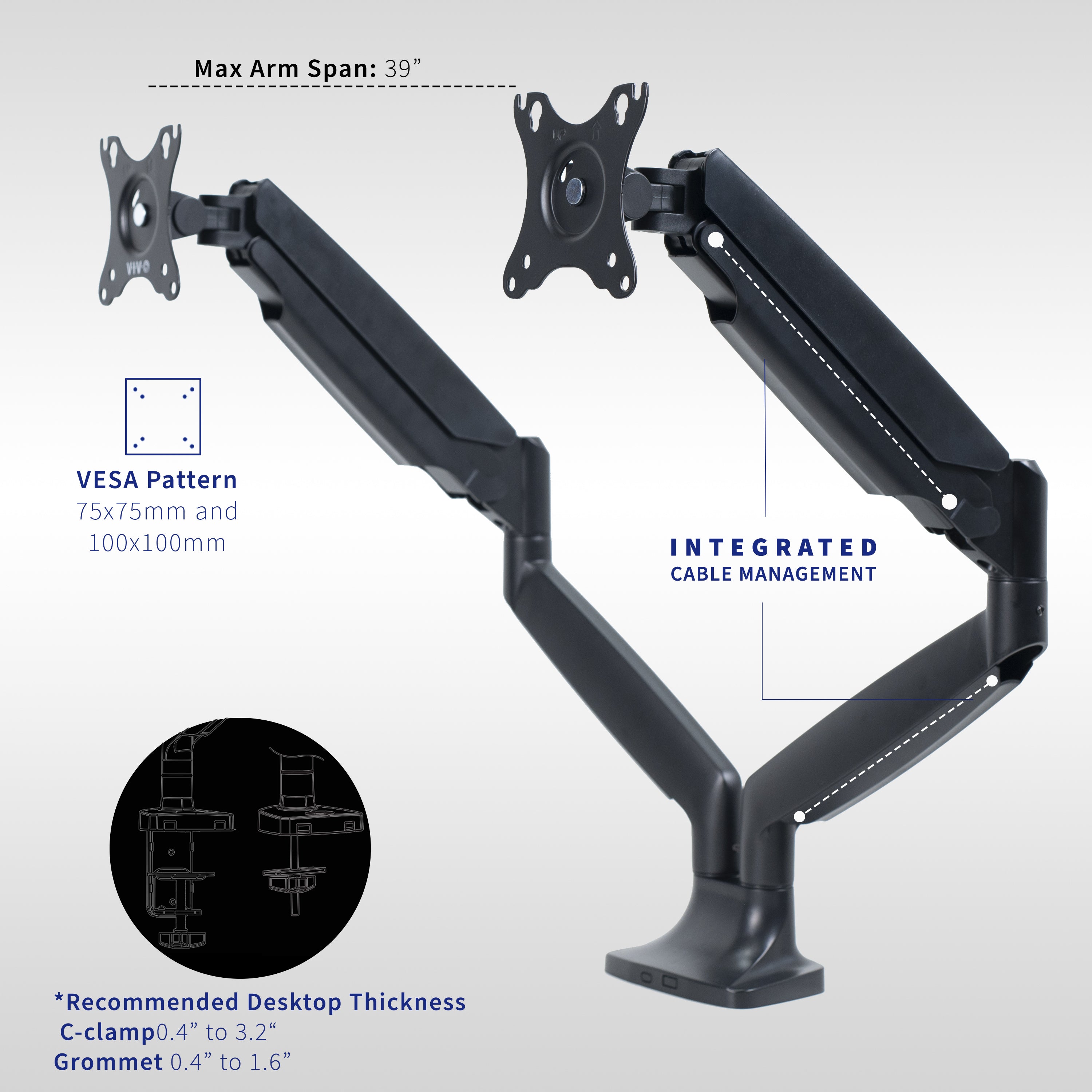 VIVO Premium Aluminum Heavy Duty Dual Monitor Mount holds two 17” to 40” monitors weighing 2.2 lbs to 24 lbs each, including ultra-wide screens.