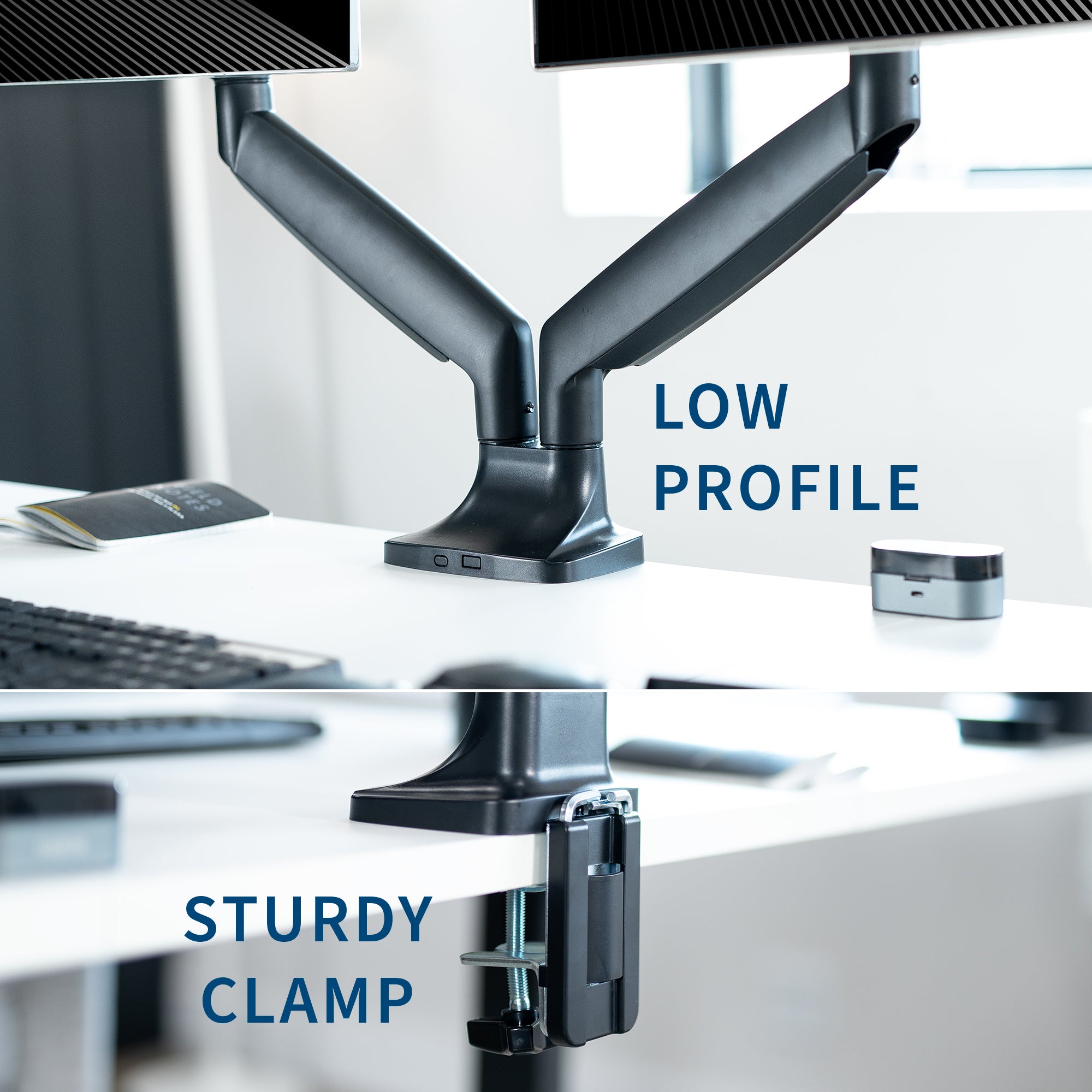 VIVO Premium Aluminum Heavy Duty Dual Monitor Mount holds two 17” to 40” monitors weighing 2.2 lbs to 24 lbs each, including ultra-wide screens.