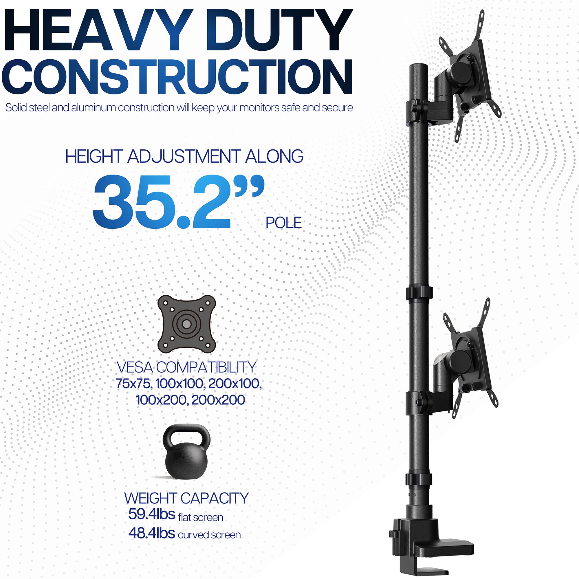 Monitor stand with height adjustment details on a white background