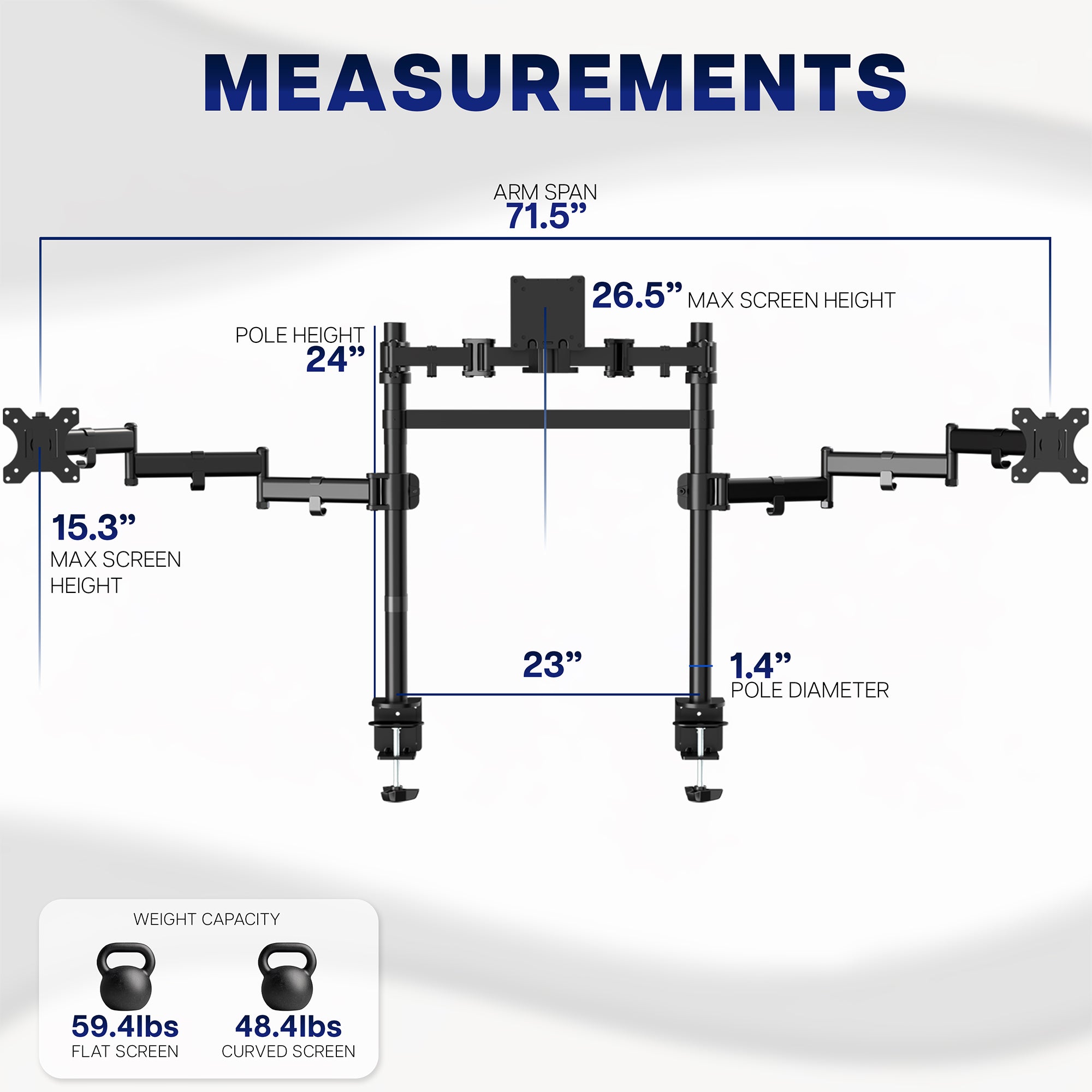 2-Pole Triple Monitor Desk Mount (1 Ultrawide + 2 Standard) - Up to 49" Screens