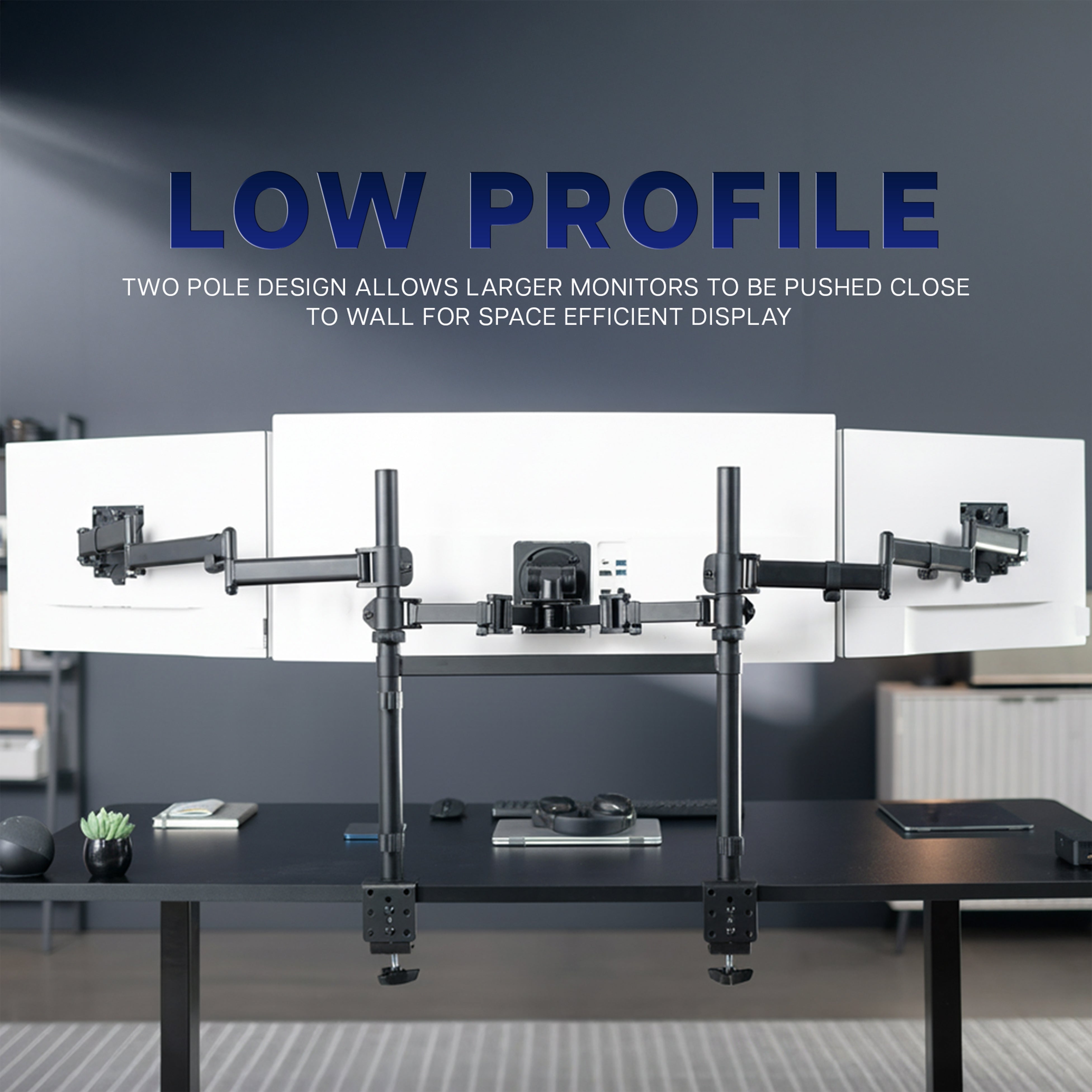 2-Pole Triple Monitor Desk Mount (1 Ultrawide + 2 Standard) - Up to 49" Screens