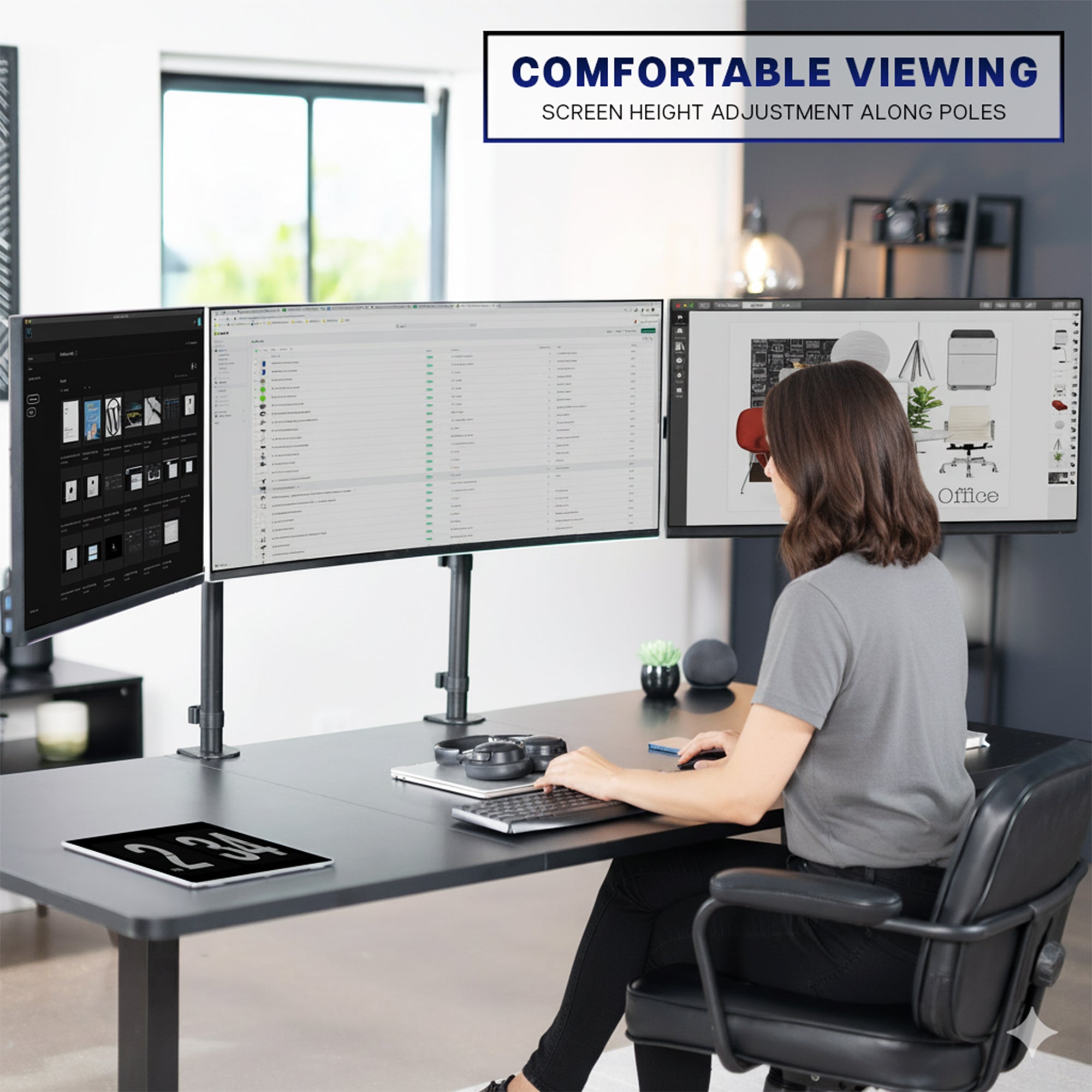2-Pole Triple Monitor Desk Mount (1 Ultrawide + 2 Standard) - Up to 49" Screens
