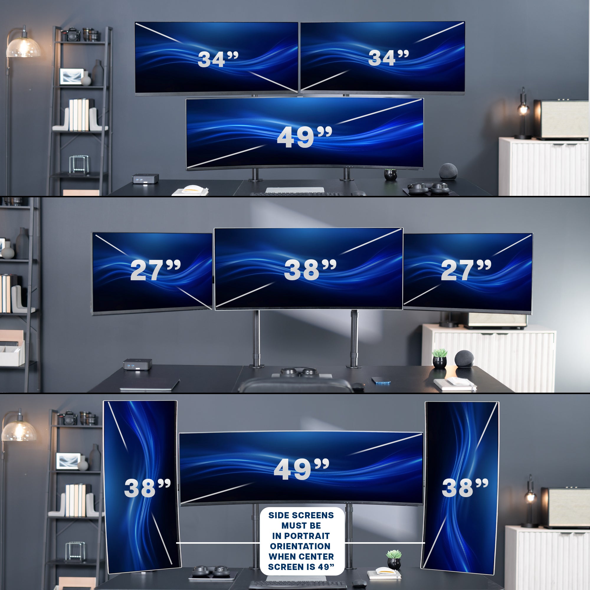 Collage of multiple computer monitors of different sizes in a home office setting in various setups.