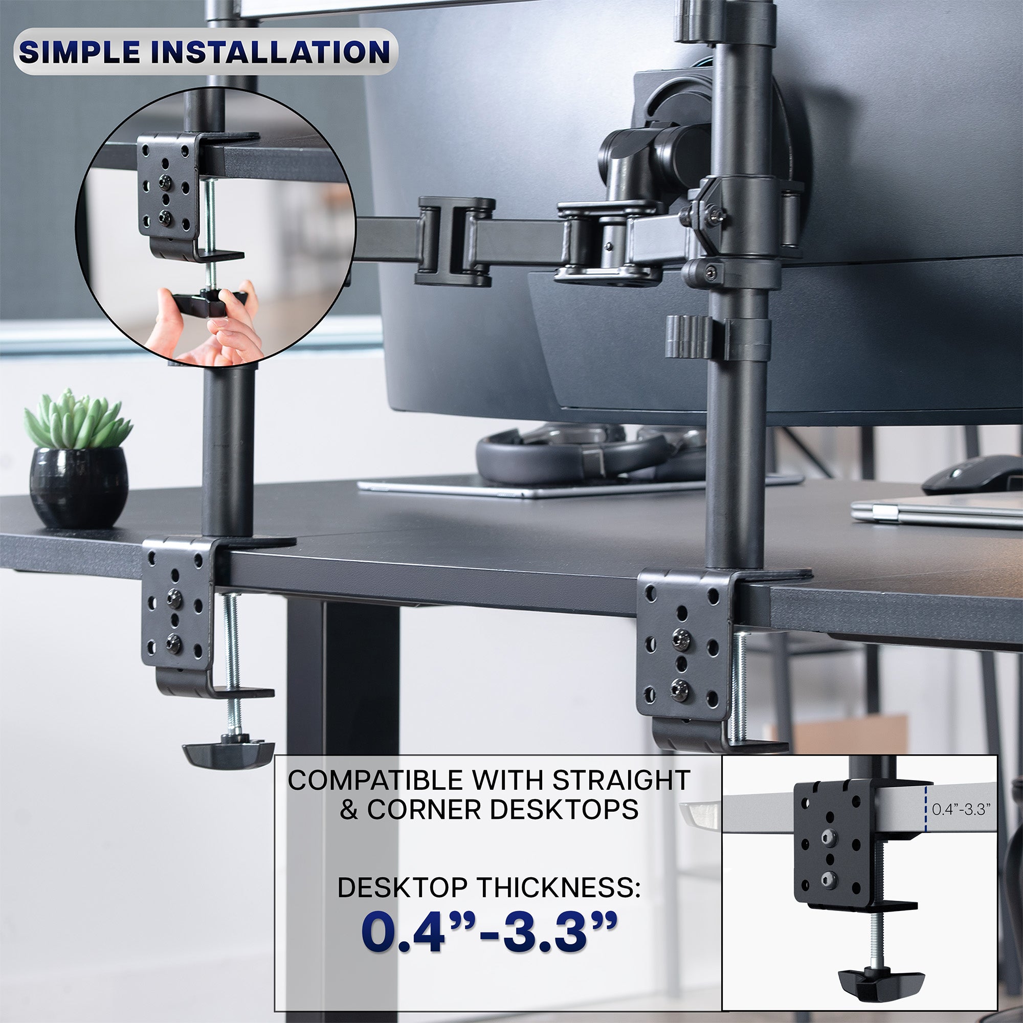 2-Pole Triple Monitor Desk Mount (1 Ultrawide + 2 Standard) - Up to 49" Screens