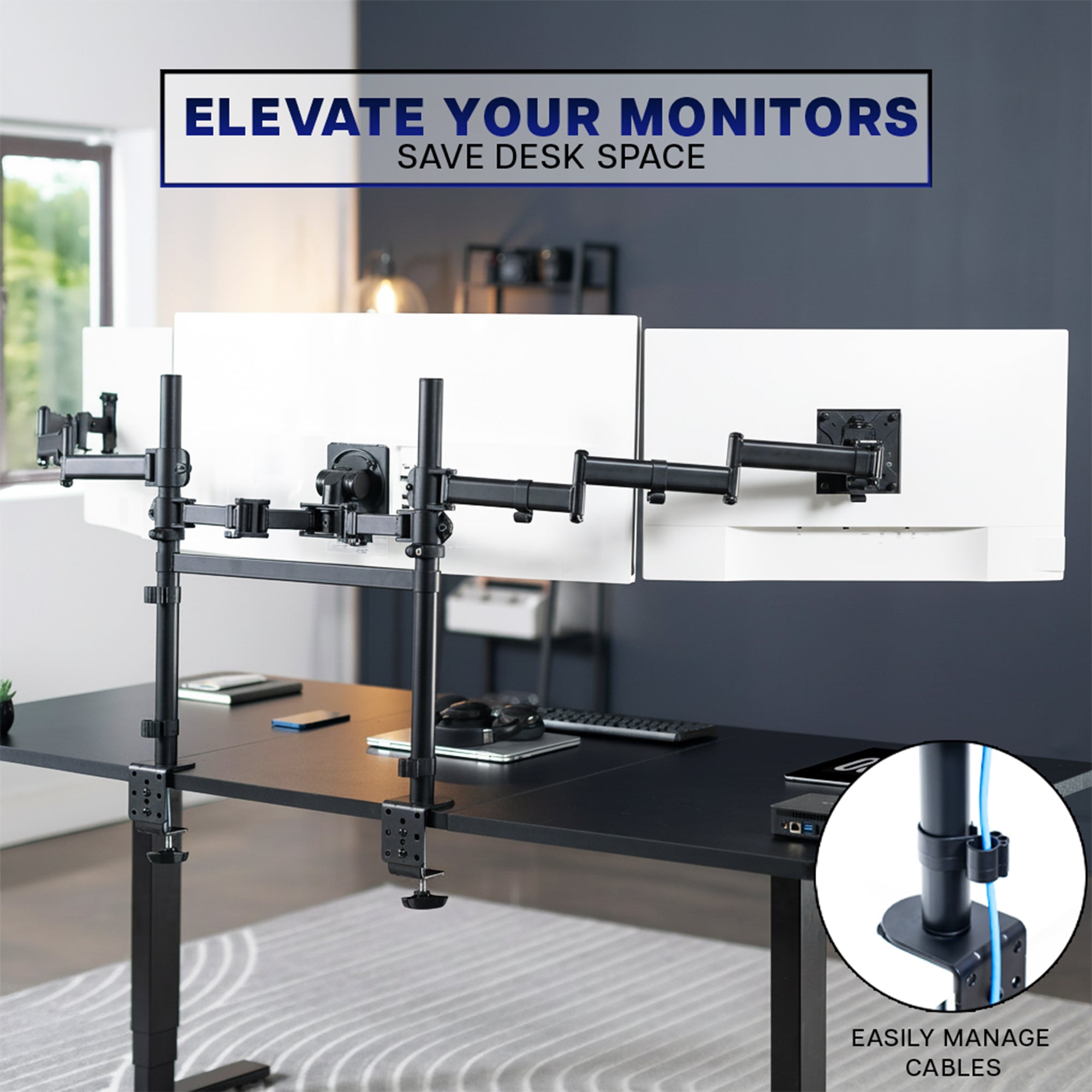 2-Pole Triple Monitor Desk Mount (1 Ultrawide + 2 Standard) - Up to 49" Screens