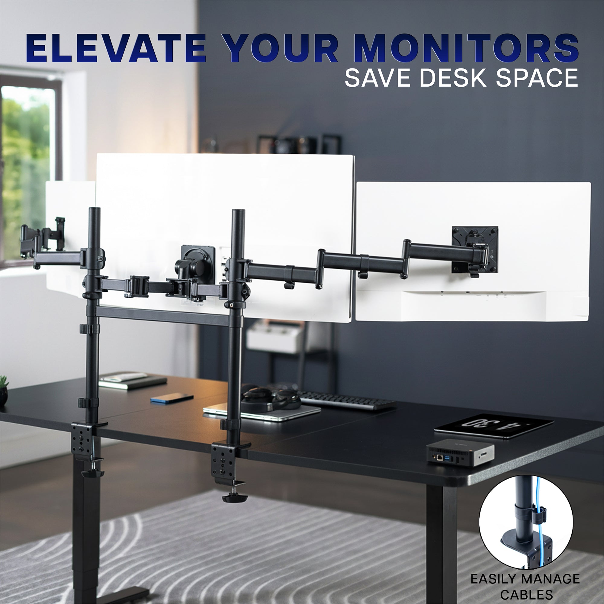 2-Pole Triple Monitor Desk Mount (1 Ultrawide + 2 Standard) - Up to 49" Screens
