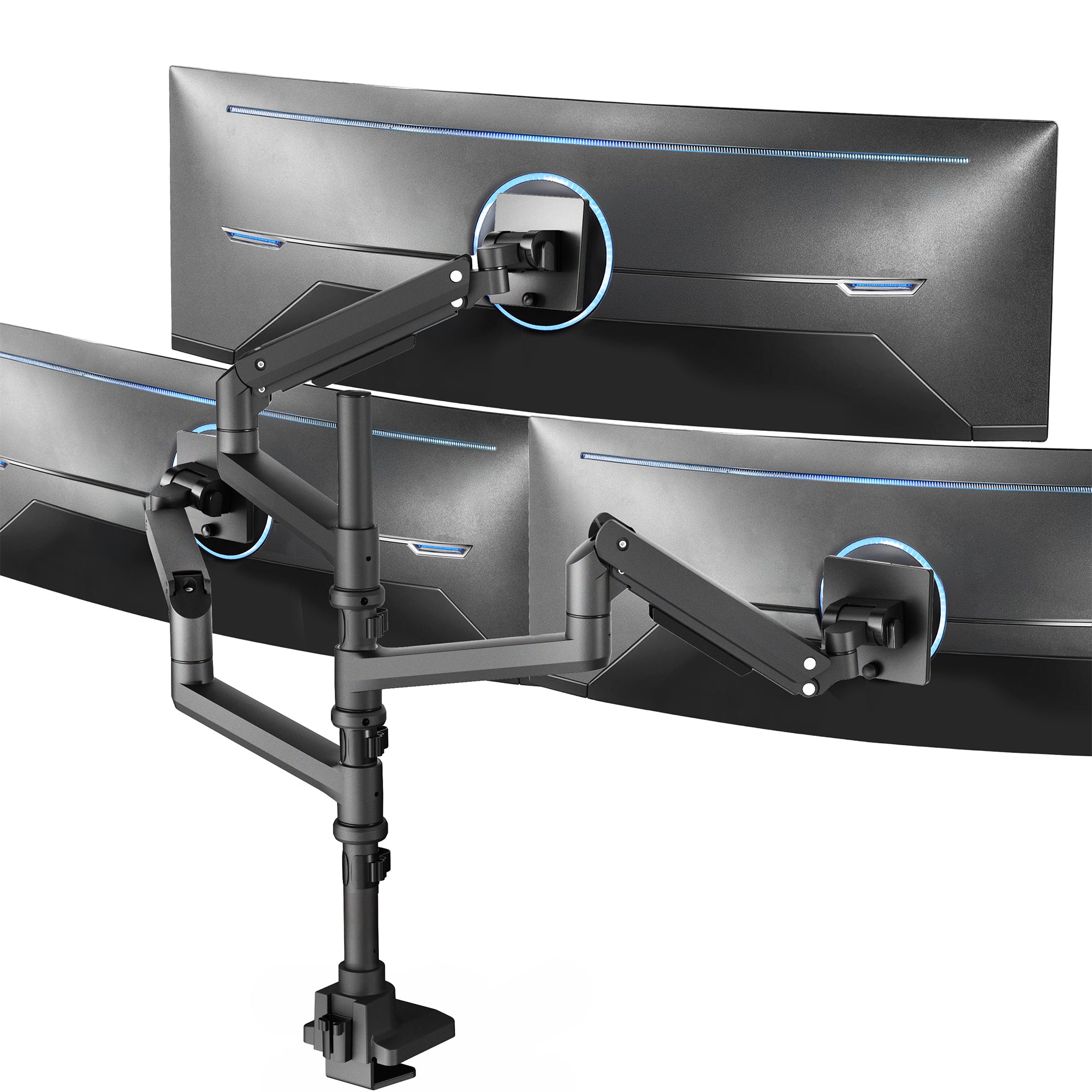 Triple monitor ultrawide desk mount with extending arms. Featuring height adjustment, tilt, swivel, rotation, and integrated cable management.