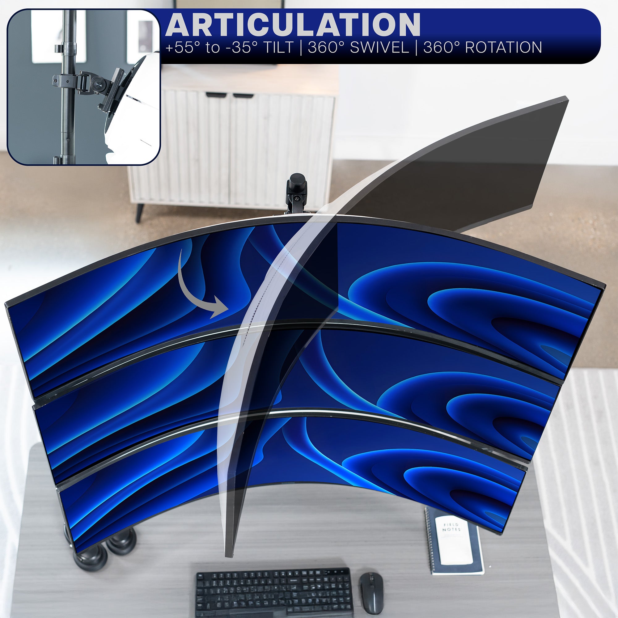 Triple Ultrawide Vertical Monitor Extra Tall Desk Mount - Up to 49" Screens