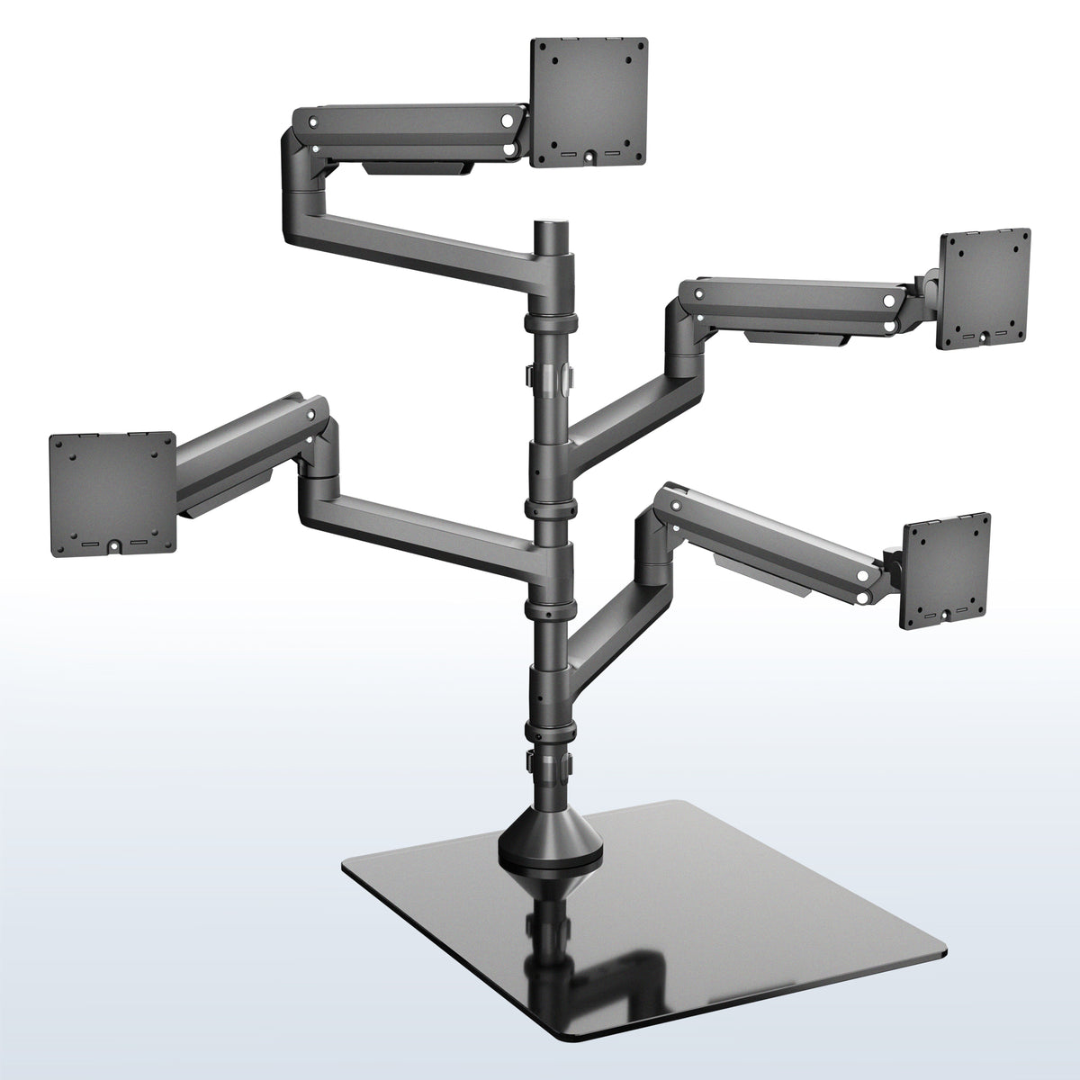 Freestanding quad ultrawide monitor desk mount with extra tall pole and pneumatic arms for up to 38-inch screens