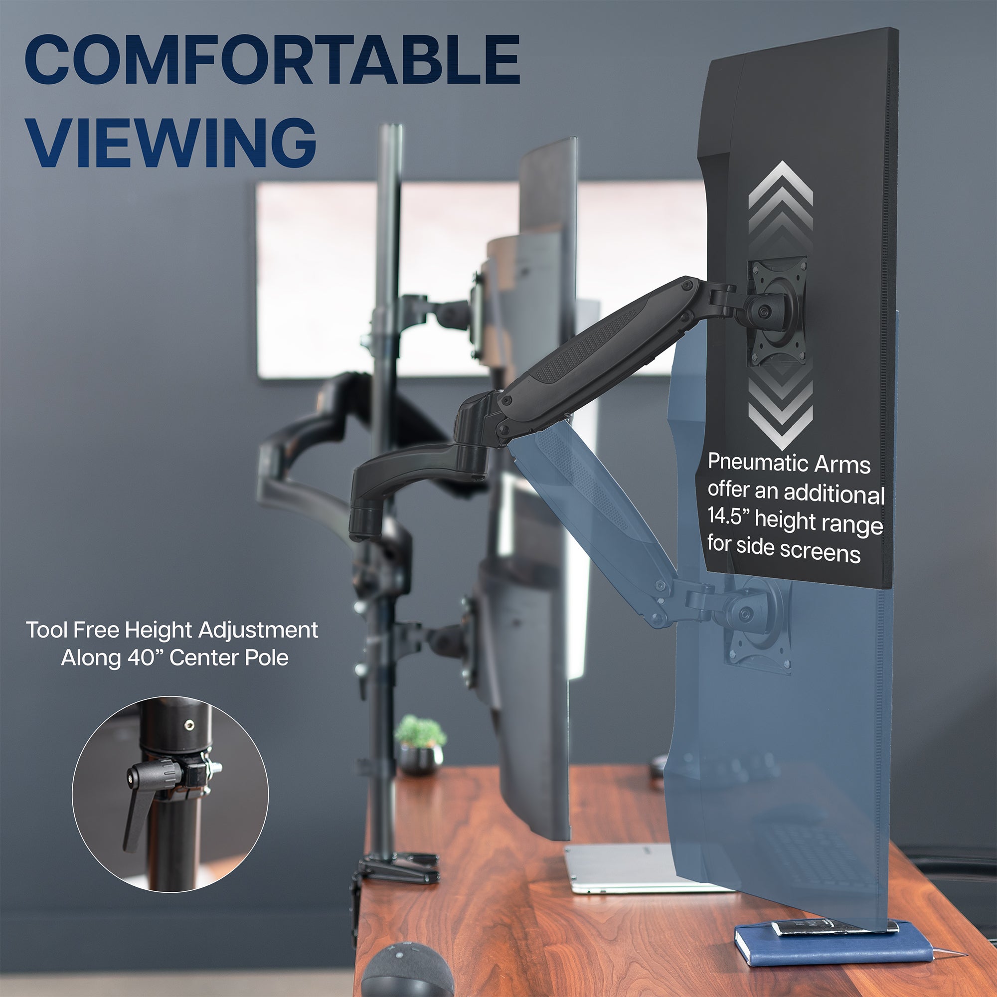 Quad Monitor Desk Mount with adjustable height on a desk against a gray wall.
