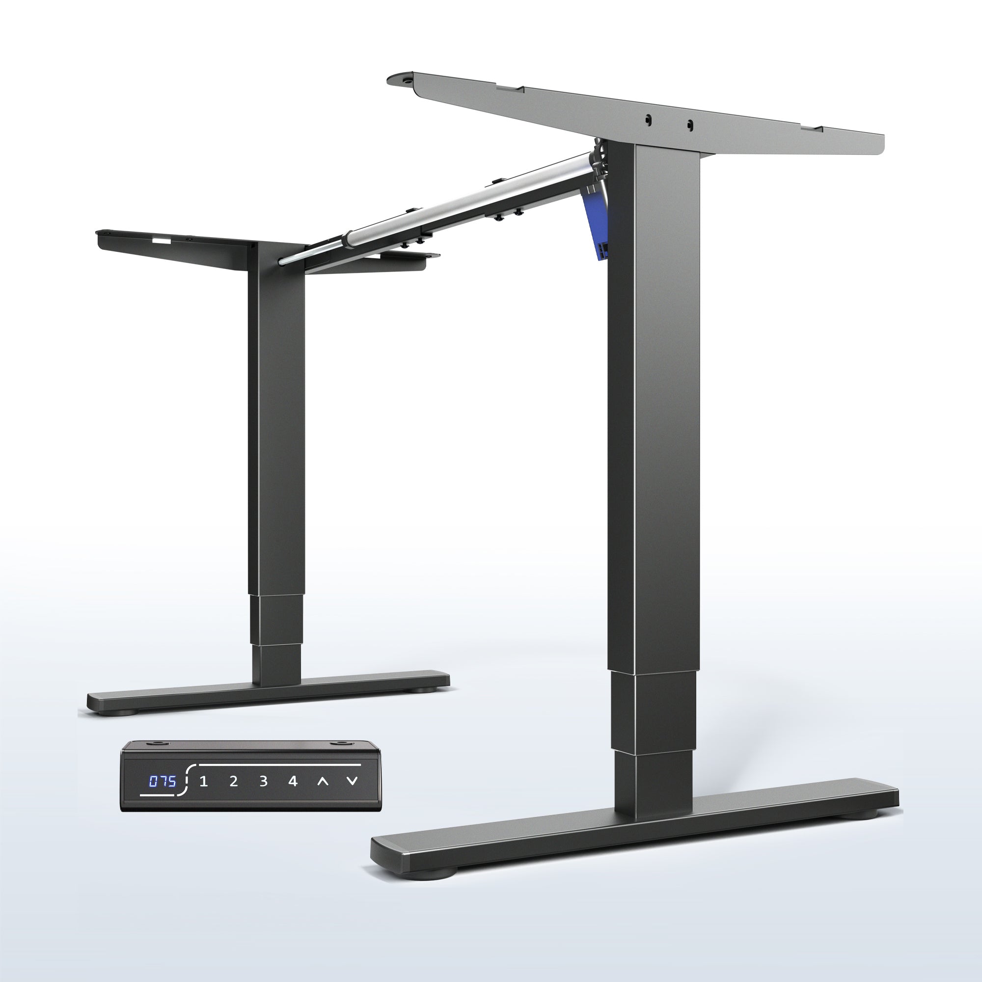 Heavy-duty sit or stand desk frame with adjustable height using touch screen control panel.