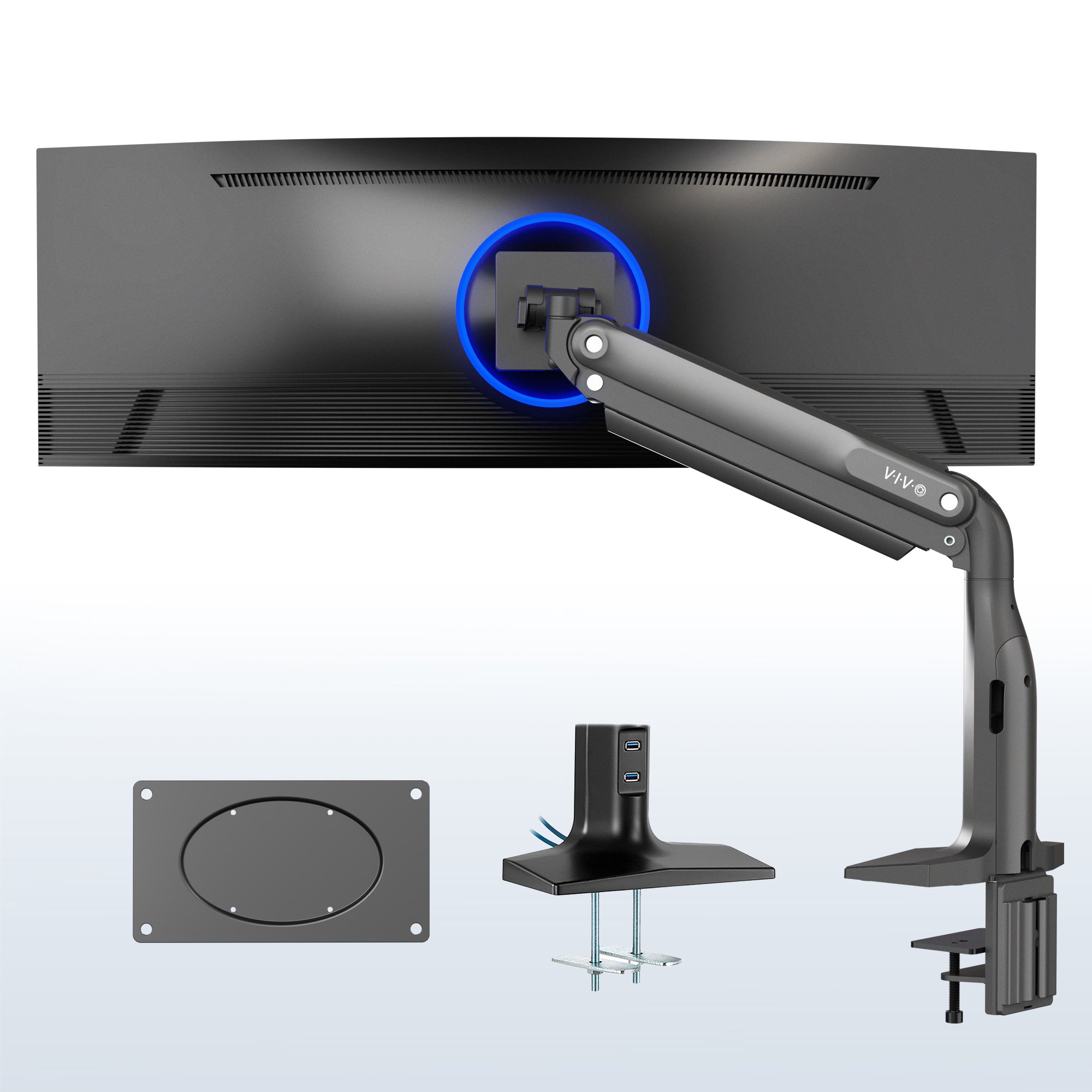 Sturdy adjustable pneumatic arm single ultrawide monitor ergonomic desk mount with USB ports for office workstation.