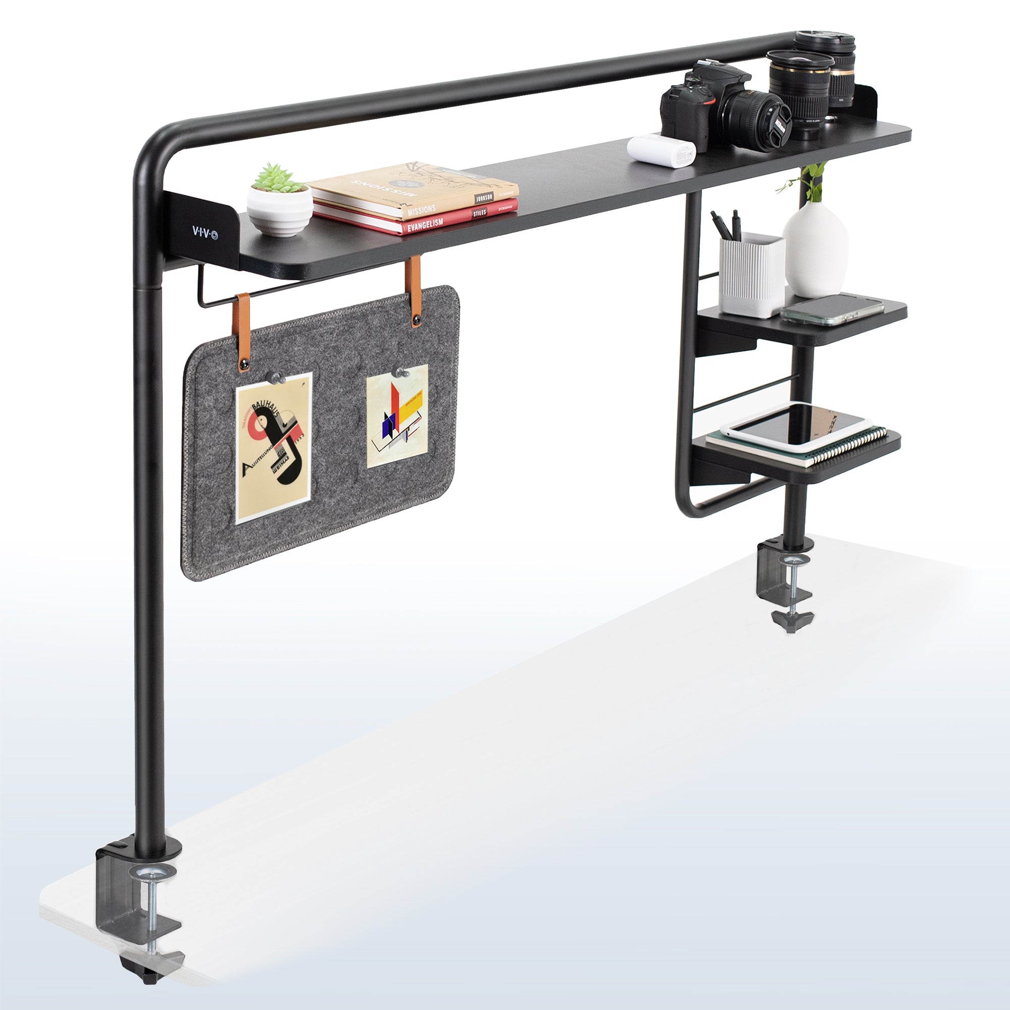 Clamp-on Desktop Shelving System for organizing office workspaces.
