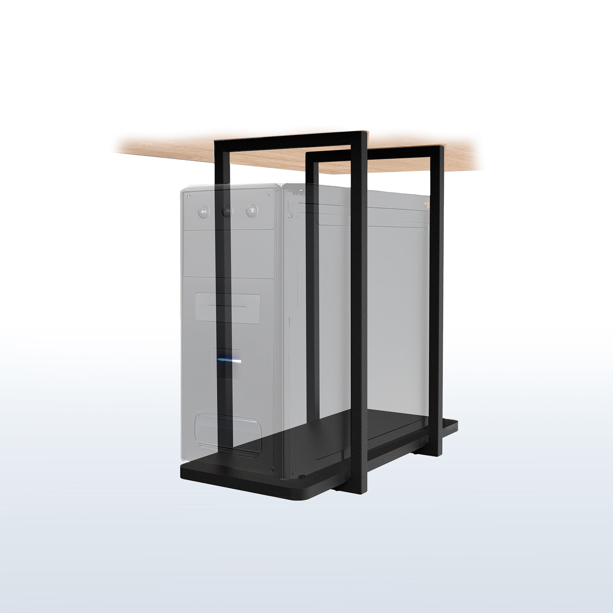 Computer case with transparent side panel and black frame on a white background