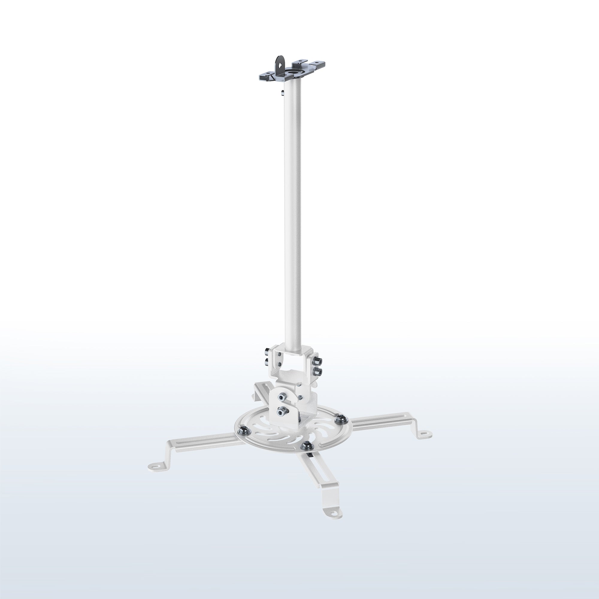 A white ceiling mount with scissor clamp designed to support projectors, featuring an adjustable length arm and a circular base.