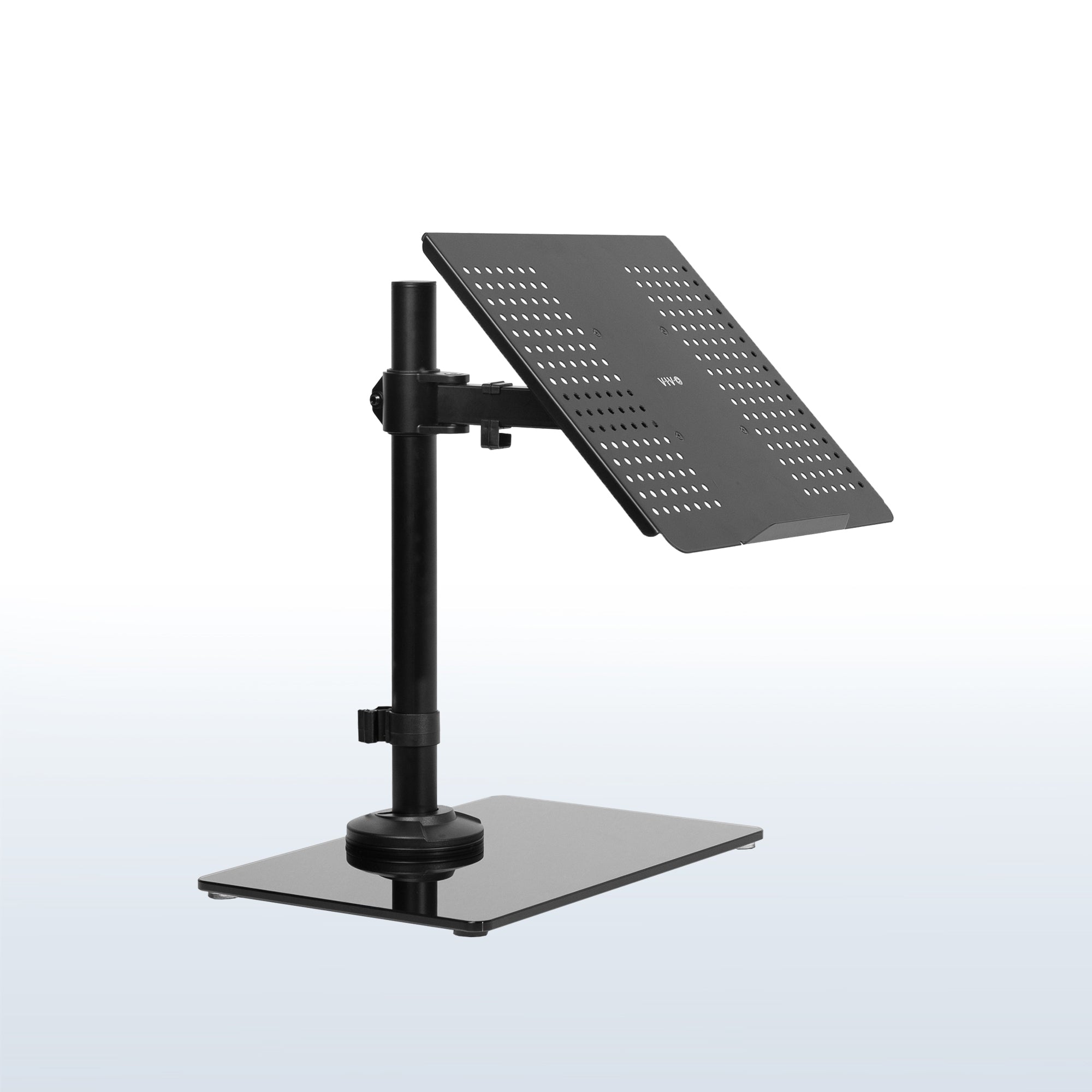 Freestanding laptop stand with elegant glass base for ergonomic viewing and adjustable placement.